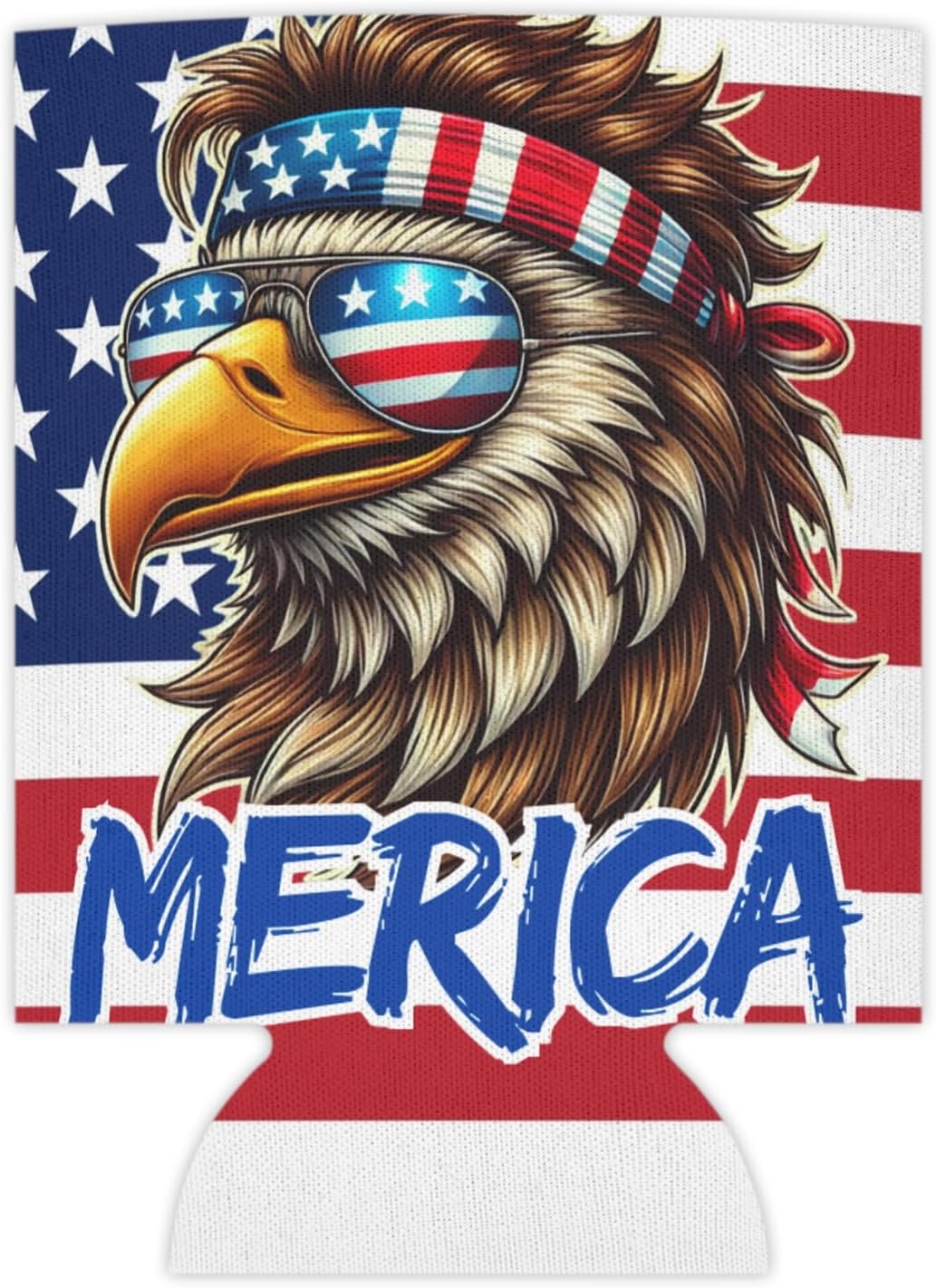 Funny MERICA Patriotic American Flag Eagle Drink Sleeve – Neoprene Insulator for 12oz and 16oz Cans – Double-Sided, Bright Colors, Keeps Drinks Cold and Hands Dry