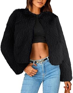 Simplee Women's Faux Fur Coat Furry Cropped Jacket Long Sleeve Warm Open Front Fur Jackets