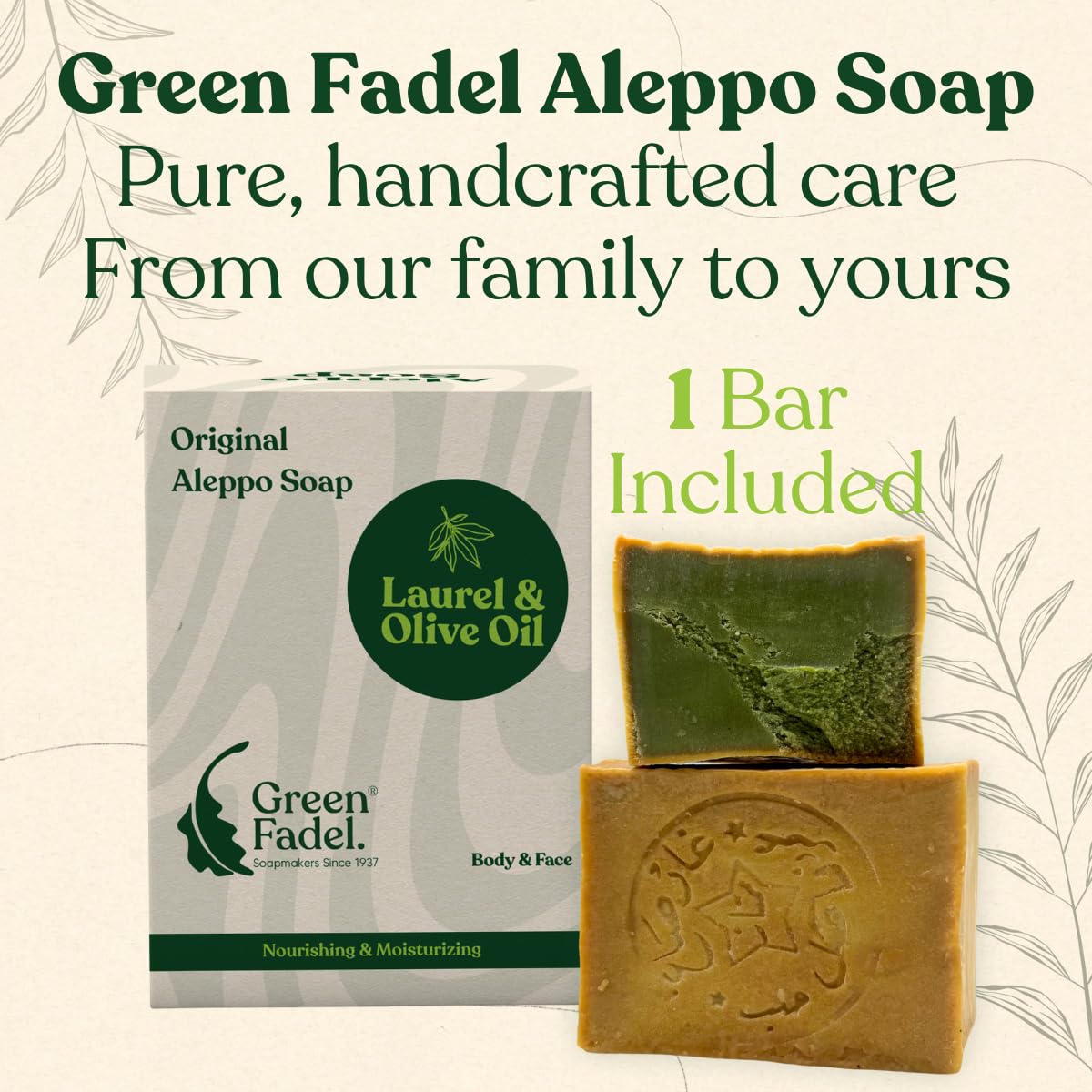 GREEN FADEL Sapone di Aleppo Originale, all'Olio d'Oliva e Olio di Alloro, 1 x ca. 200g, Sapone all'Olio d'Oliva, Naturale, Fatto a Mano, Vegano, per Viso e Corpo