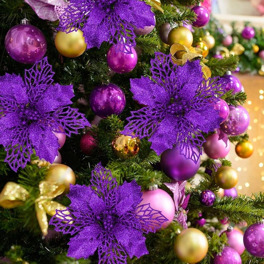 ✨クリスマスツリー 造花飾り オーナメント 人工花 キラキラ 紫 パープル Amazon.co.jp: Kubert 24個 クリスマス ダークパープル キラキラ