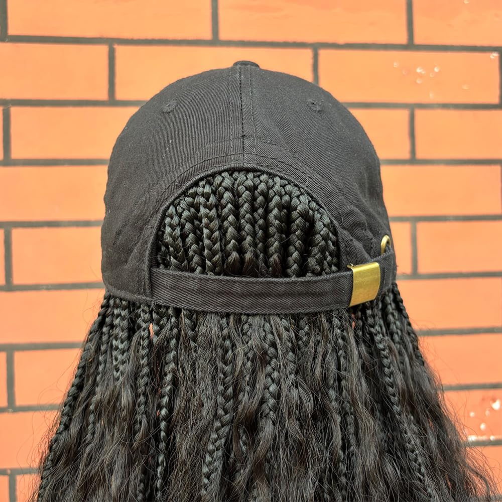 Boho Box Braids Hat Wigs with Human Hair Curly Ends Grab-and-Go Boho Braided Hair Extensions with Baseball Cap for Women Natural Black