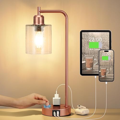 Miniatura 16 de Lámpara de mesa dorada Innqoo para dormitorio - lámpara de mesita de noche industrial con puerto USB y tomacorriente, lámpara de mesita de noche