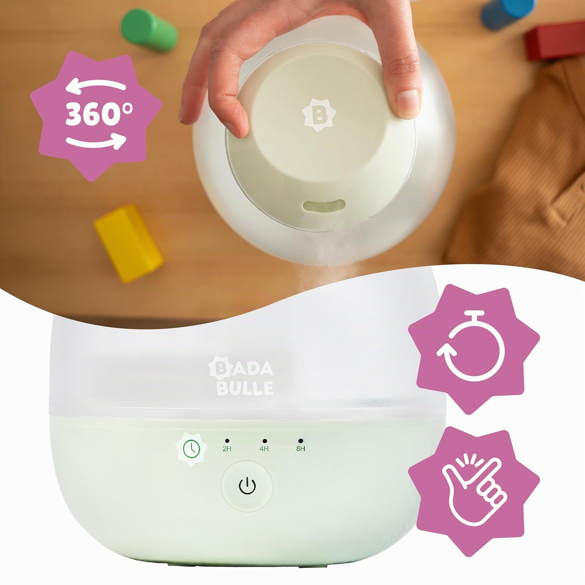 Badabulle Bubble Cool Mist Air Humidifier for Bedroom Baby with Multicolour Night Light, for Home, Office and Plants - 16 Hour Continuous use (2L Tank) - Compact - 360° Adjustable Nozzle
