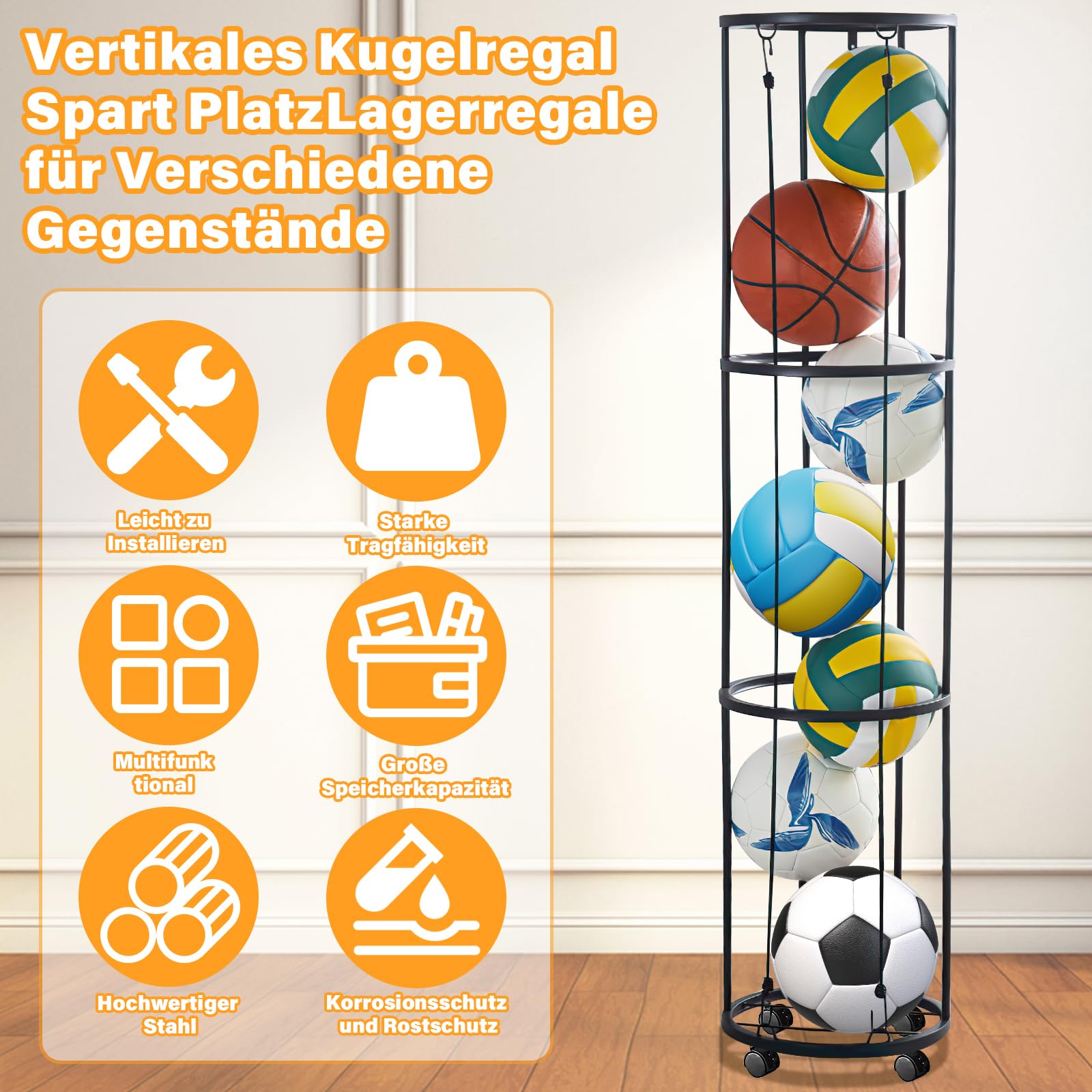 Ballständer mit Rollen Sparende Abnehmbare Stehend Ballhalter, Garage Ball Aufbewahrung Sports Storage für Volleyball Fußball Basketball Ballhalterung Wand Storage (Schwarz)