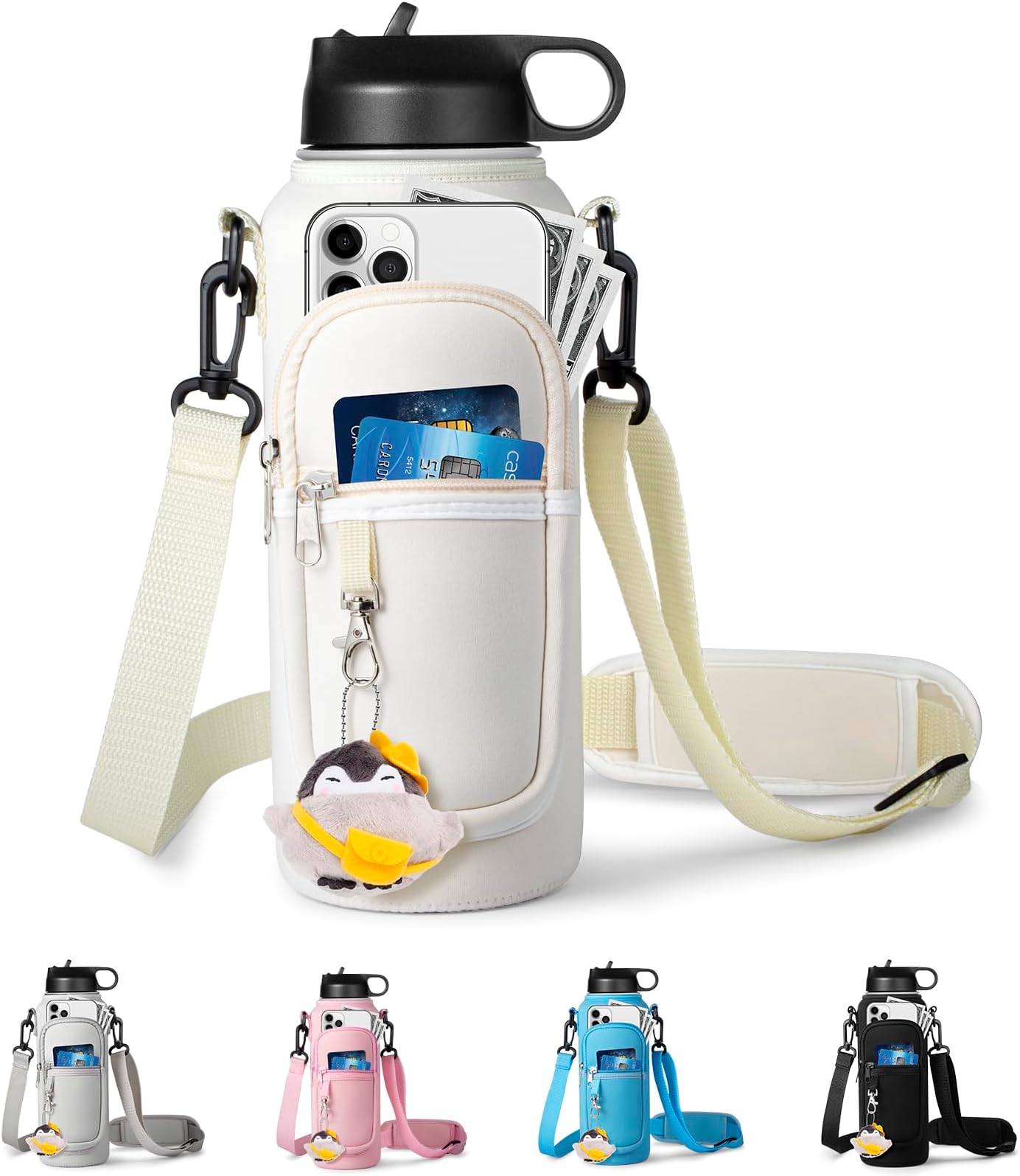 Water Bottle Holder with Strap for Hydroflask 32oz 40oz Insulated Water Bottle, Carrier Sling Bag with Phone Pocket Water Bottle Sleeve for Men Women Hiking Camping Travelling