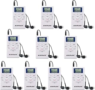 EXMAX E108 Wireless Portable Pocket DSP FM Stereo Radio Digital Receiver with Mini LCD Clock Earphone for Tour Guide System Teaching Meeting - 10 Pack (White)