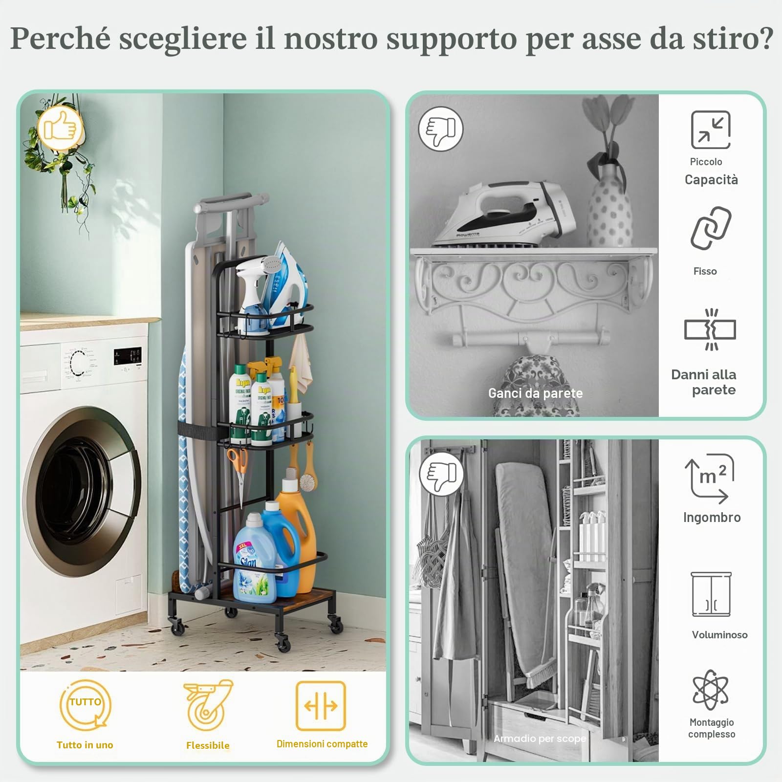 Porta Asse Da Stiro, Appendi Asse Da Stiro Da Tavolo, Supporto Tavola Da Stiro Con Carrello Portaoggetti A 3 Livelli Per Accessori Da Lavanderia Per Gli Articoli Essenziali Della Lavanderia