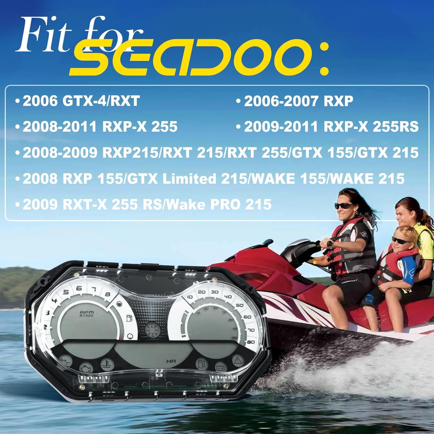 278002270 Speedometer with LCD Gauge & Chrome Bezel, LCD Speedometer Gauge Cluster Fit for SeaDoo GTX RXP RXT Wake 2006-2011 Replace OE 278002328, 278002326, 278002319, 278002317