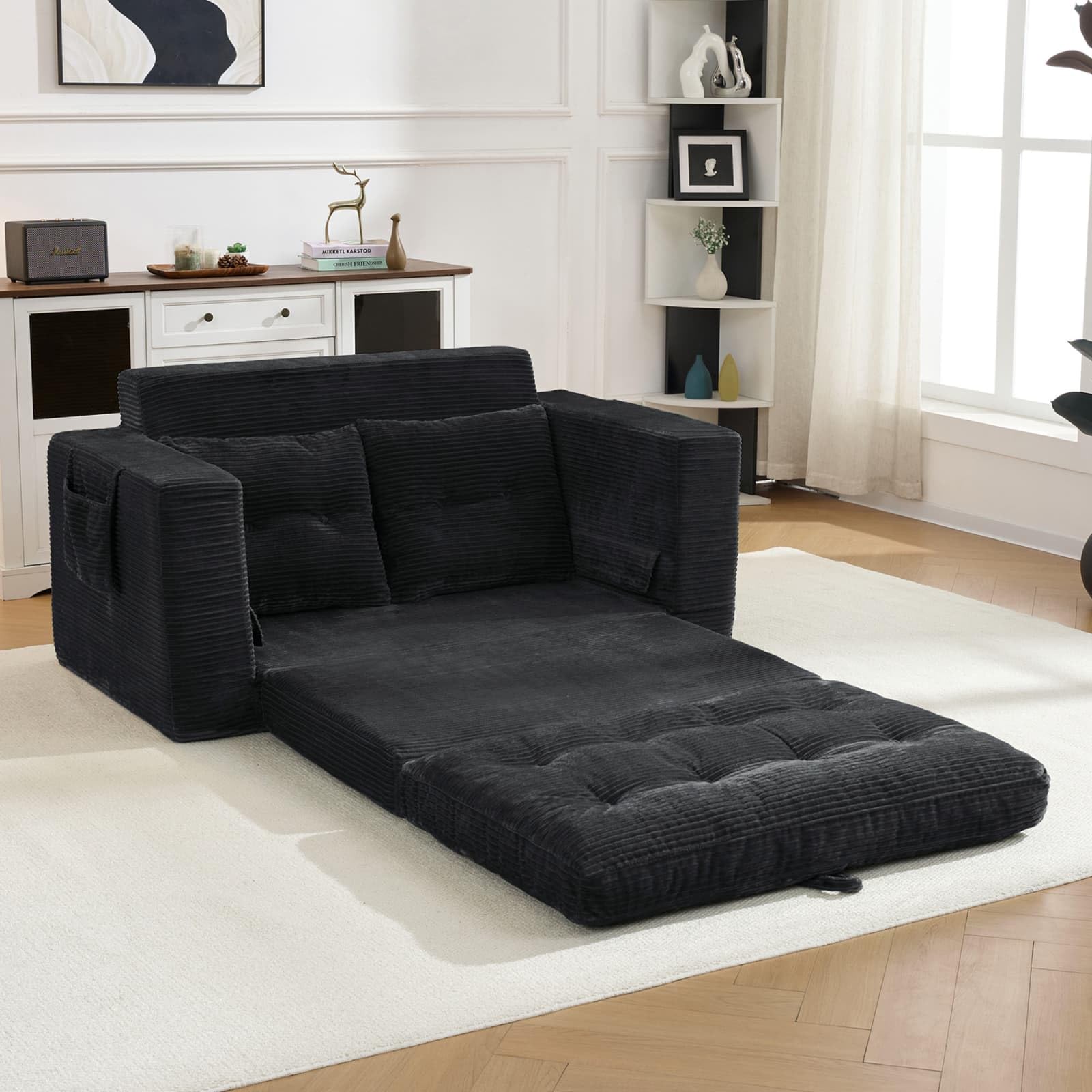 KOMHTOM Banquette Convertible 2 Places Canapé Lit Compact avec Poches Latérales pour Salon Chambre Bureau Velours Côtelé Noir(Black)