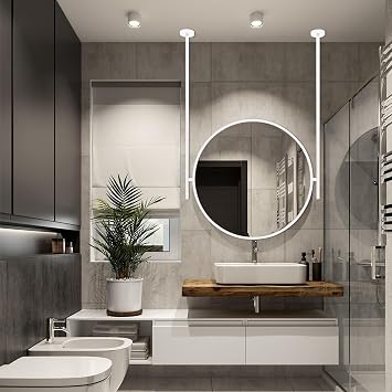 Ceiling Floating Bathroom Mirror Round, Wall Mounted Vanity Makeup Mirror with White Metal Frame and Boom, Hanging Decorative Mirrors for Home Hotel Living Room EntrywayDiameter-60CM/23.6INCH
