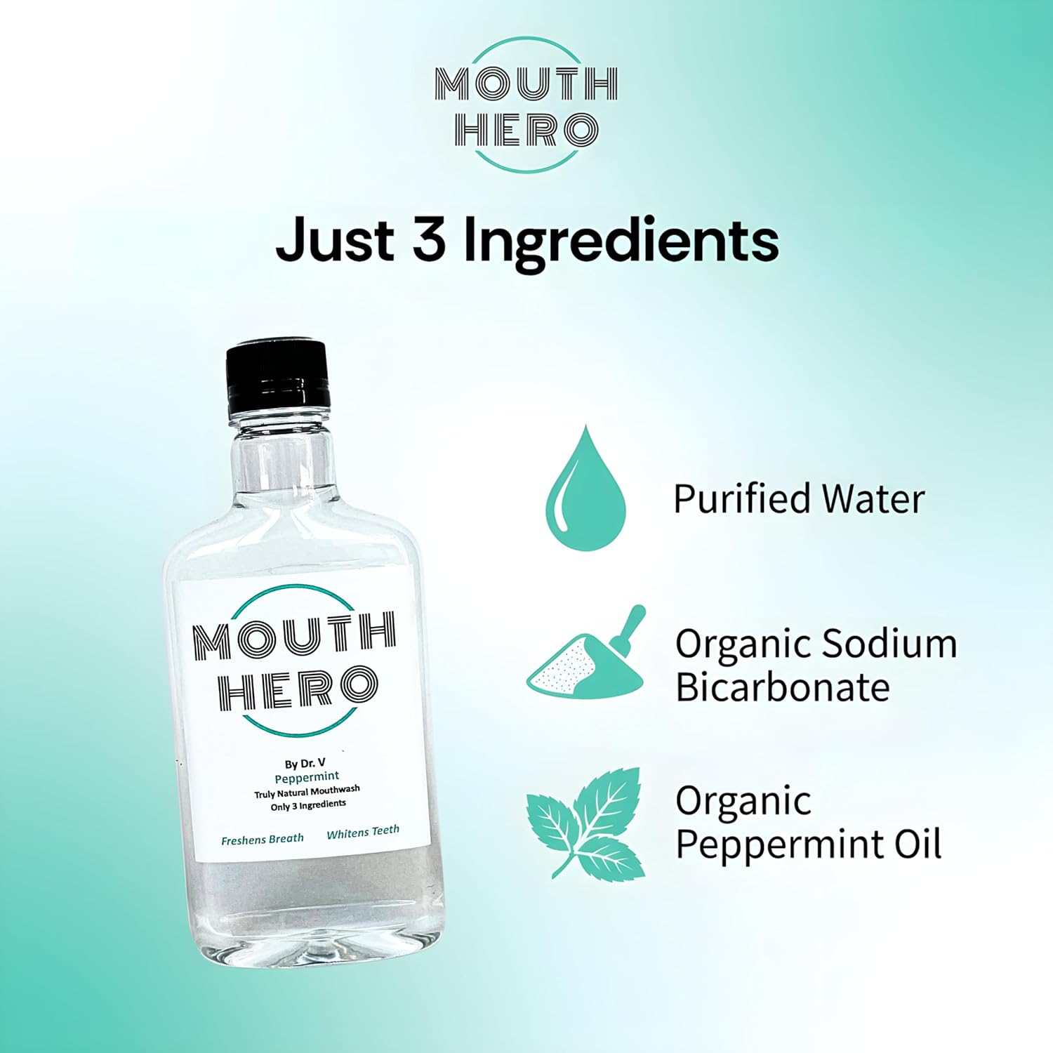 Organic Mouthwash, Mouth Hero ™ — Alcohol Free Mouthwash with Peppermint Oil, Natural Mouthwash with only 3 Ingredients for Fresh Breath, Vegan, Fluoride Free, Whitening Mouthwash, 12.7 oz