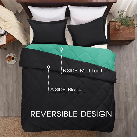 Basic Beyond Twin Comforter Set - Green Comforter Set Twin, Reversible Twin Bed Comforter Sets for All Seasons, Black/Mint Leaf, 1 Comforter (66x92) and 1 Pillow Sham (20x26+2)