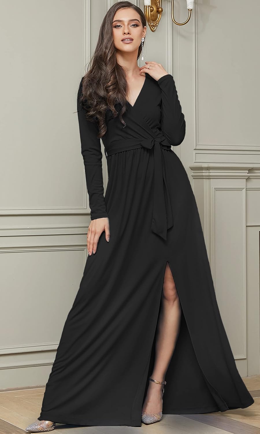 KOH KOH Womens Long Sleeve V-Neck High Slit Cocktail Evening Gown Maxi Dress - Image 4