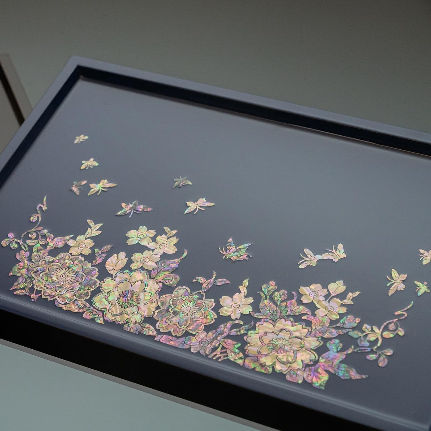 FEBRUARY MOUNTAIN Charming Reflections: Iridescent Mother-of-Pearl Floral and Butterfly Tray - Elegant Home Décor Gift for Her