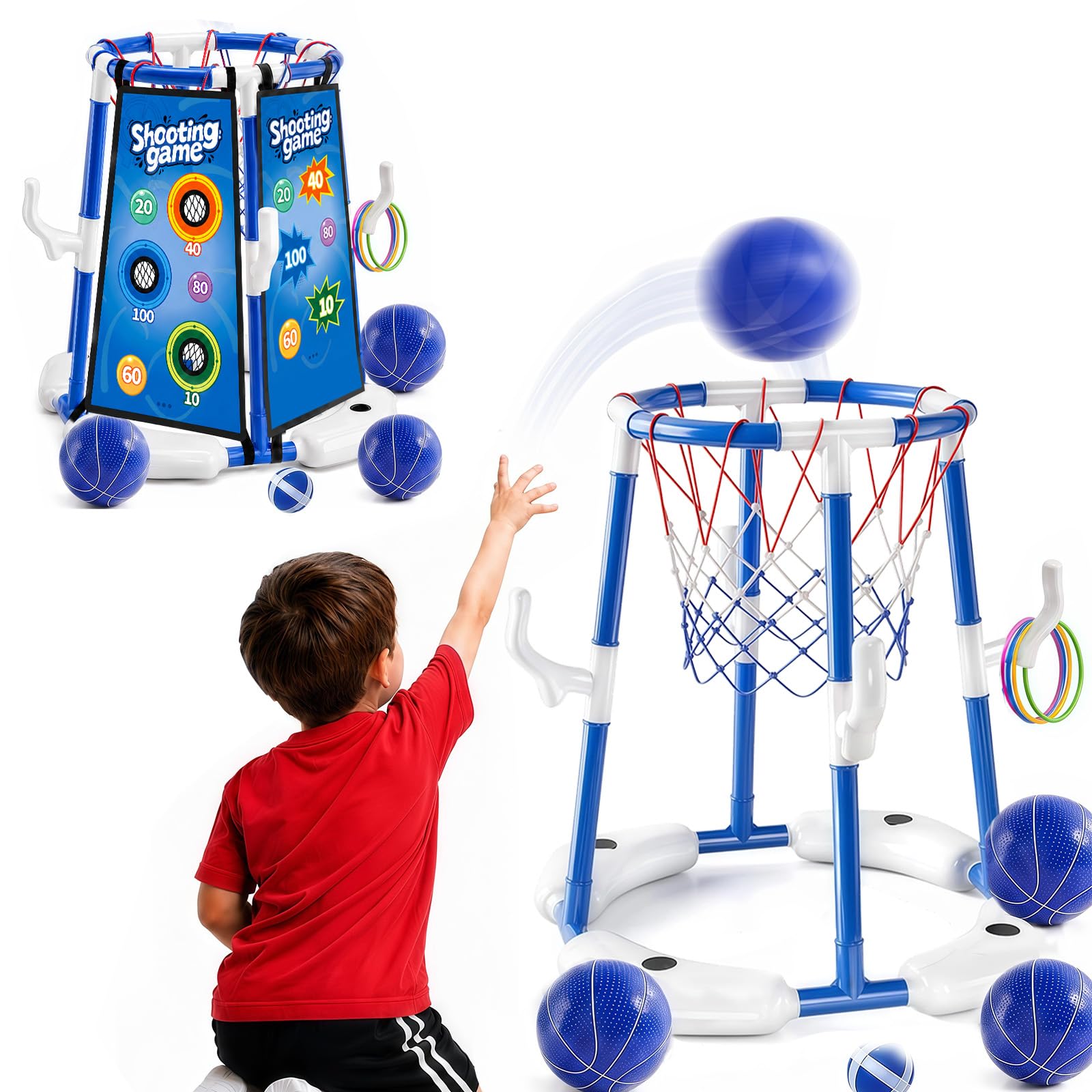 Canasta de baloncesto para piscina 3 en 1 al aire libre, canasta de baloncesto flotante, juguete para piscina con 4 pelotas de baloncesto, 12 bolas de lanzamiento, 12 anillos, juguete de piscina para