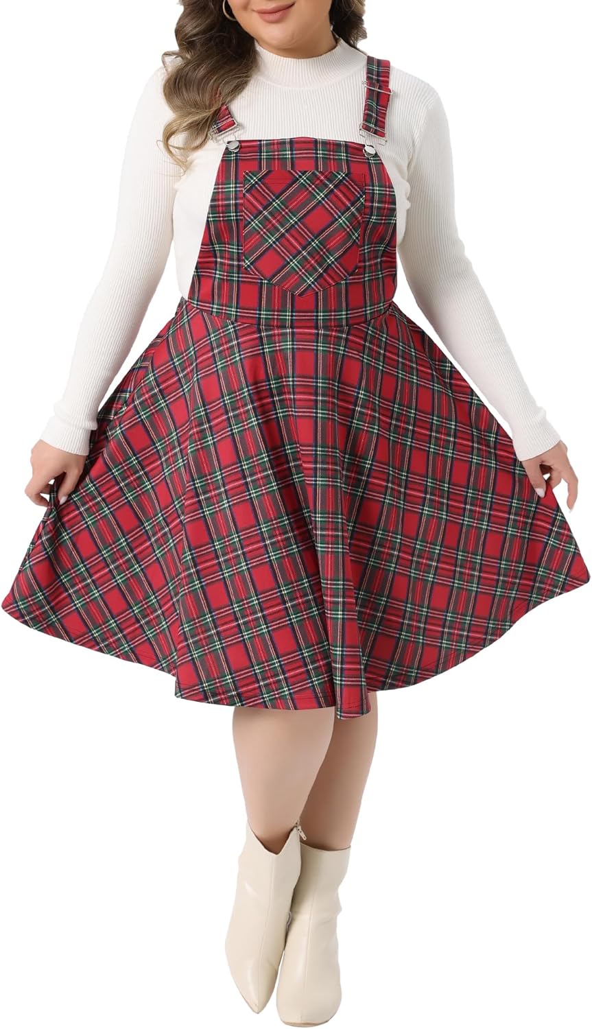 Agnes Orinda Women's Plus Size Overall Pinafore Dress Casual Plaid Printed Swing Adjustable Straps Dresses