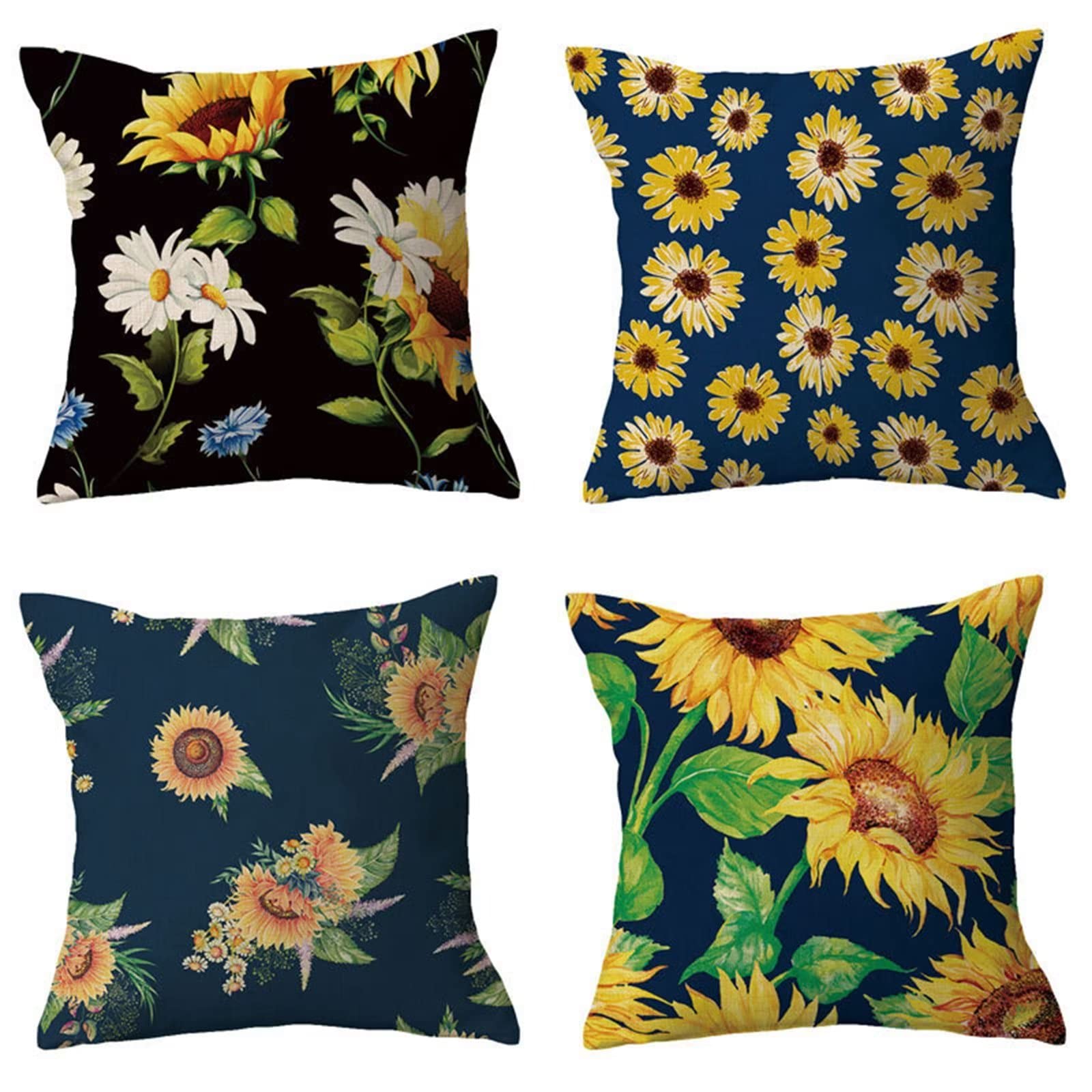 Set of 4 Soft Square Throw Pillow Cases Sunflower Simple Decorative Pillow Cover for Living Room Sofa Bedroom Office Car Outdoor Balcony Garden Gift Home Decorative Pillow Dark Blue 60x60cm L-349