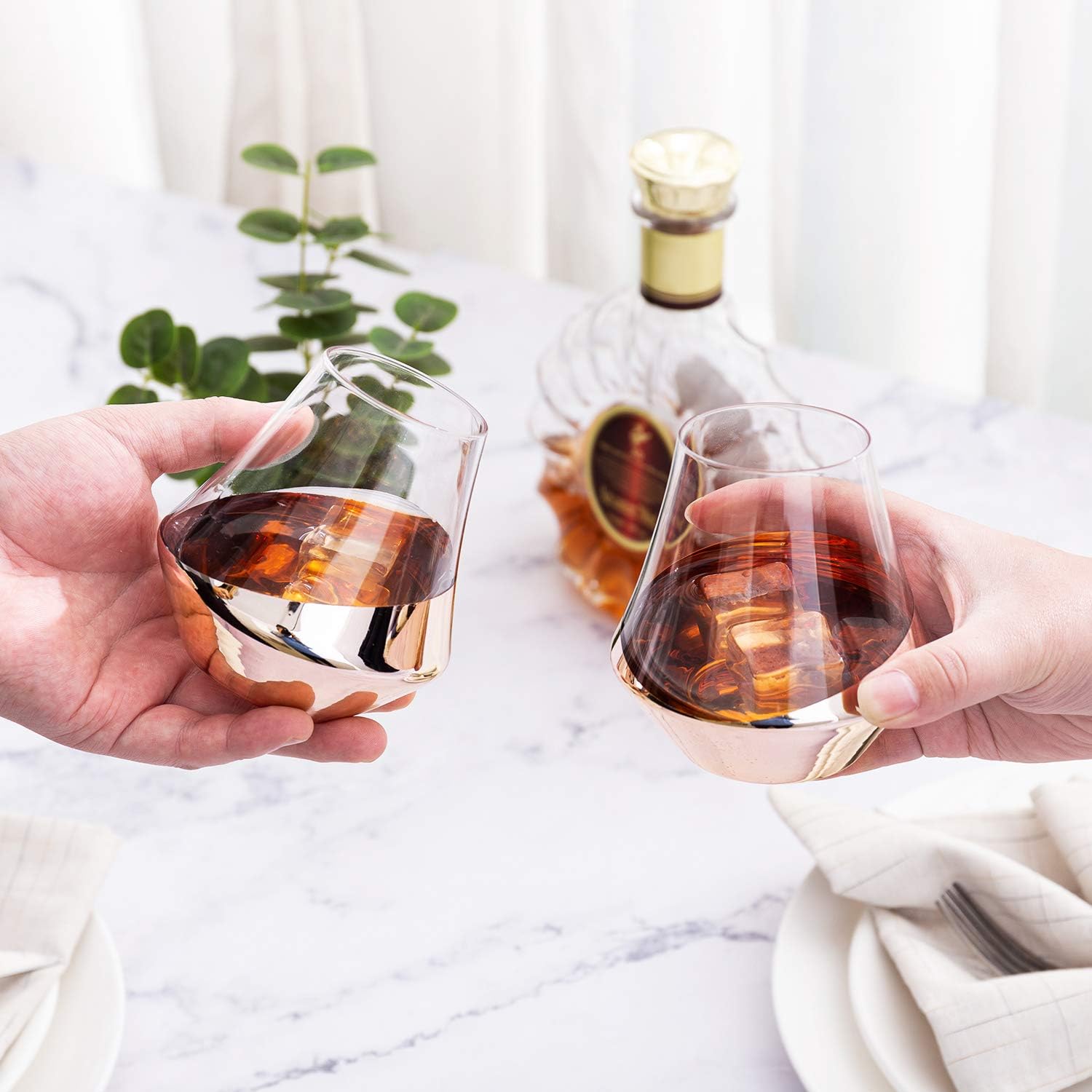 MyGift Whiskey Glass Set of 4, Snifter Drinking Tumblers with Angled Copper Design