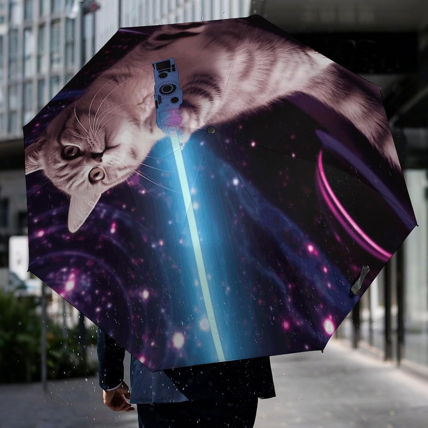 Space Laser Cat Novelty Cute Funny Umbrella Extra Large Folding, Travel Umbrella Windproof, Compact, Golf Umbrella With Unique Patterns, Fashionable And Beautiful for Men And Women.