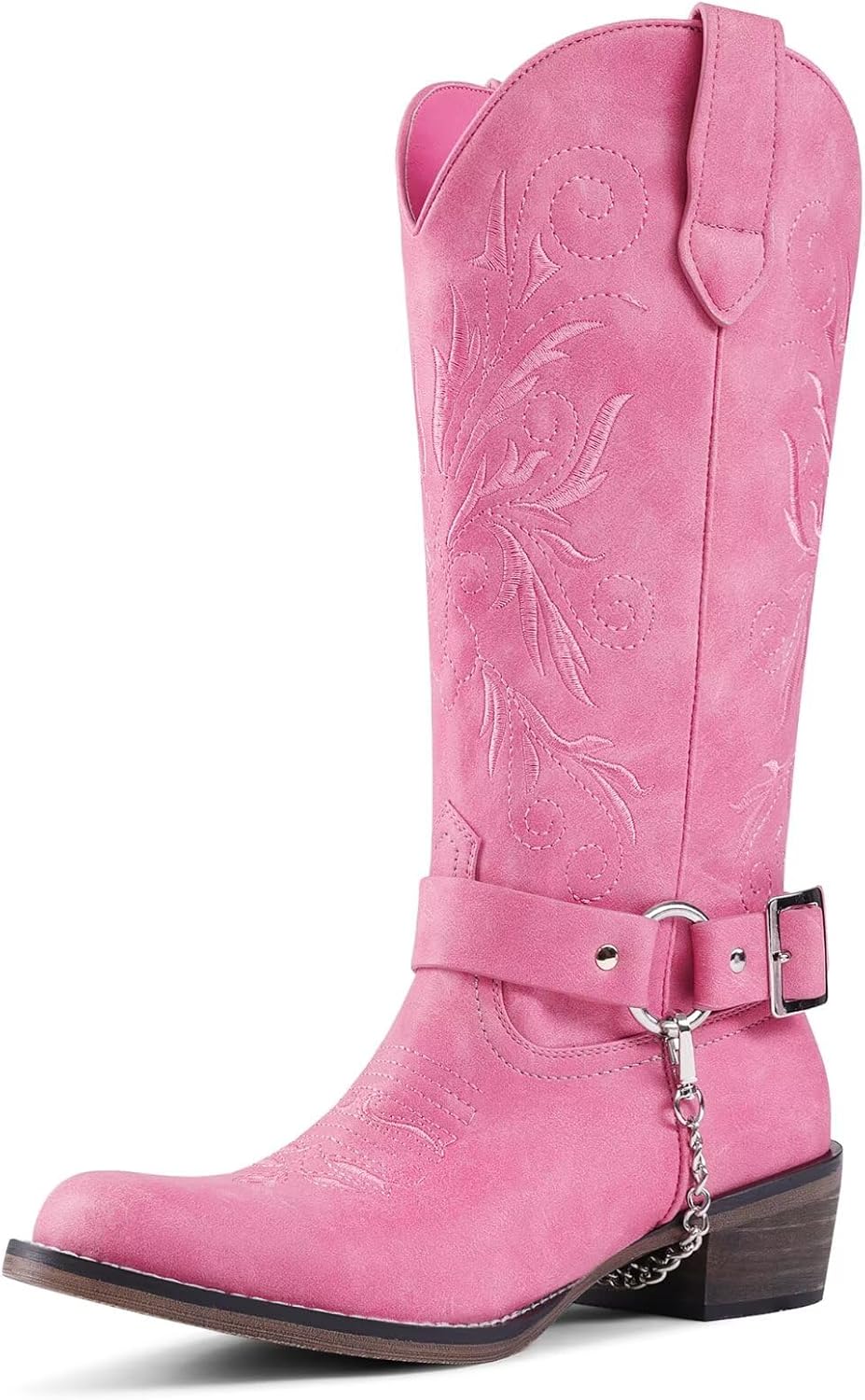 Cowboy Boots Embroidered Mid Calf Removable Belt Low Block Heel Round Toe Western Boots