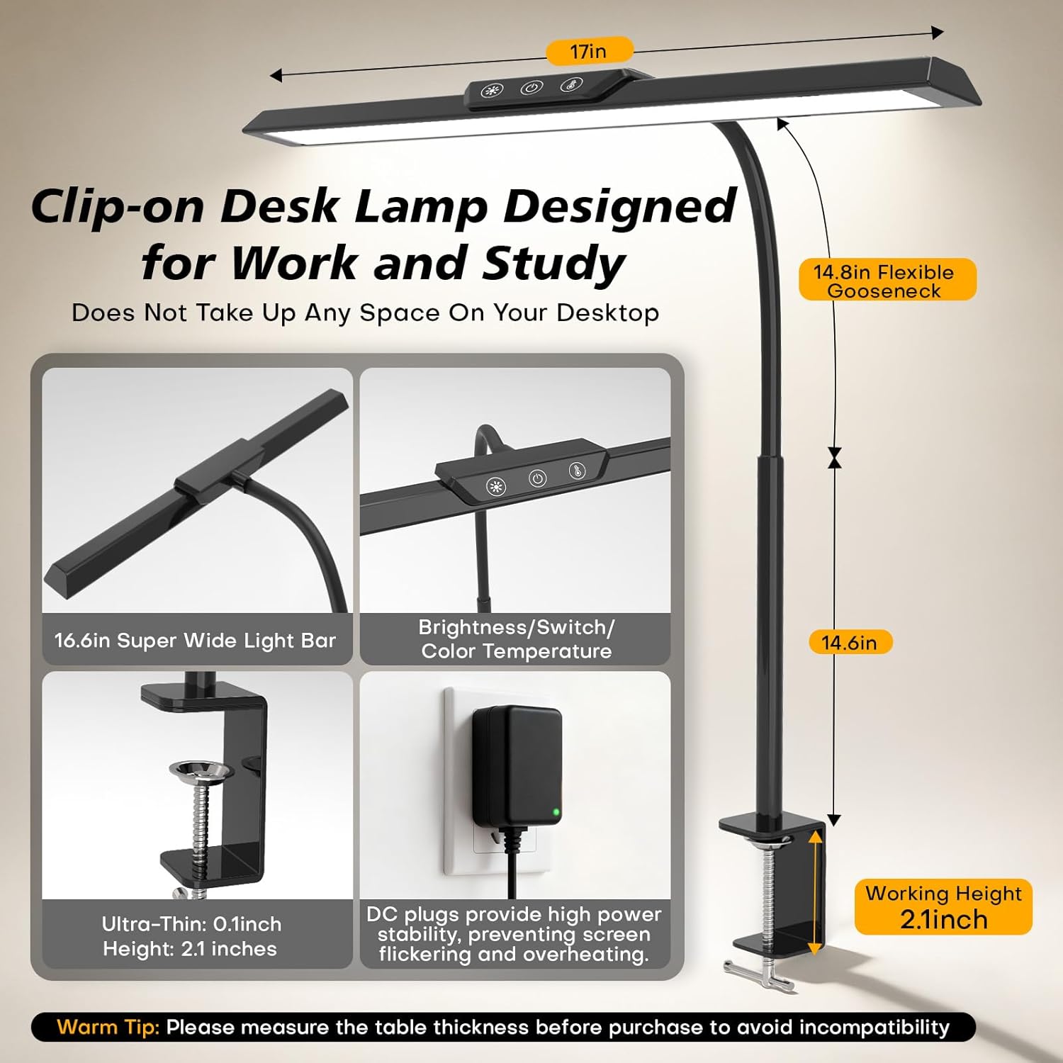 LED Desk Lamp for Office Home, Stepless Dimming Architect Desk Light with DC Adapter, Eye-Caring Desk Lamp with Clamp, 25 Lighting Modes Adjustable 14.8in Flexible Gooseneck for Workbench, Drafting