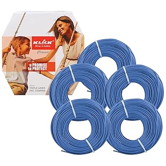 KLICK Copper Wire with Triple Layer PVC Coating, Single Core Flexible Electric Cable for Domestic & Industrial Connections (1.0 mm, 90m Long, Blue, 5 Pcs)