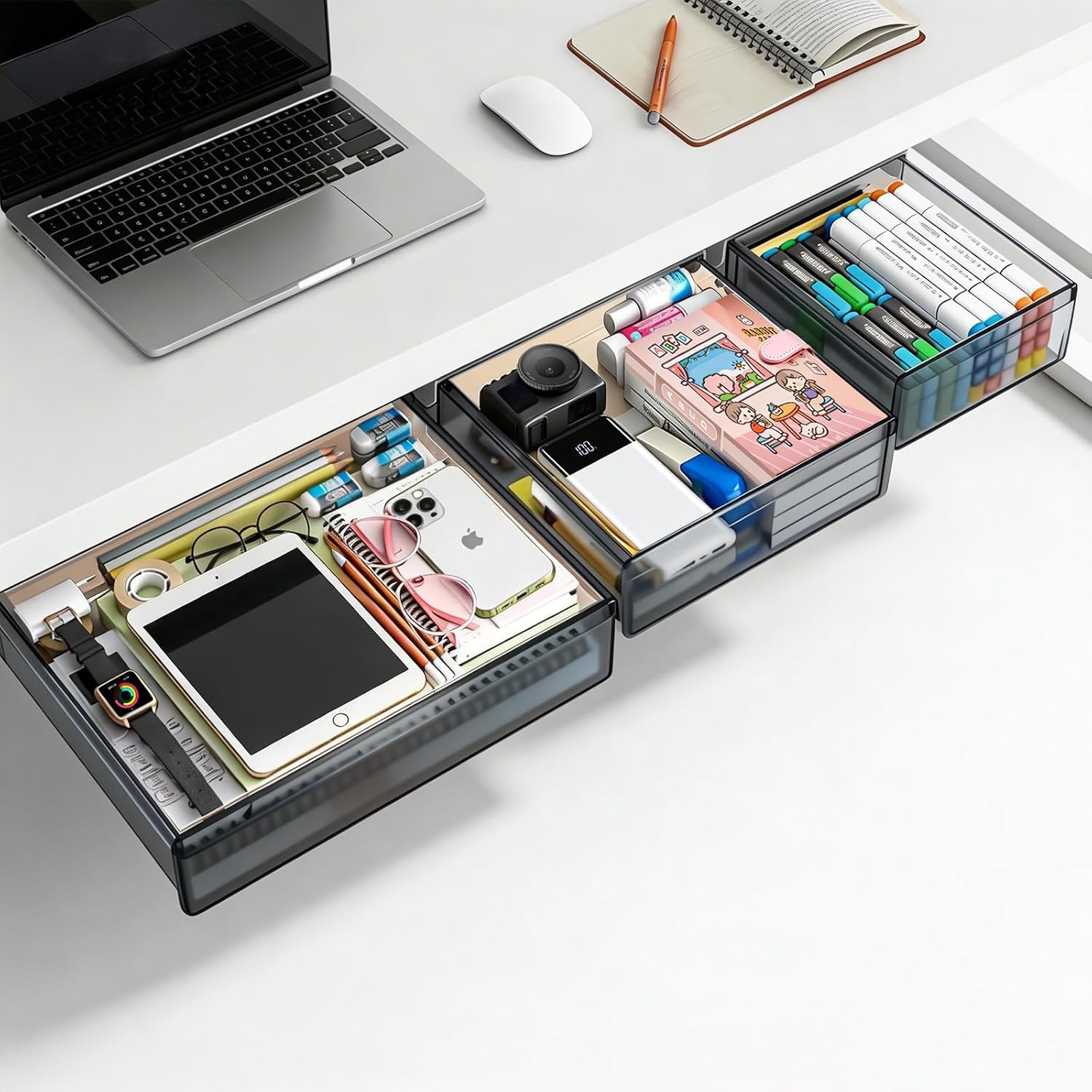 3 Pack Under Desk Drawer Slide Out Storage Organizer, Transparent Black Hidden Desktop Drawer Attachment with 3 Sizes (S/M/L), Adhesive or Screw-Mount Table Tray for iPads, Journals & Desk Accessories