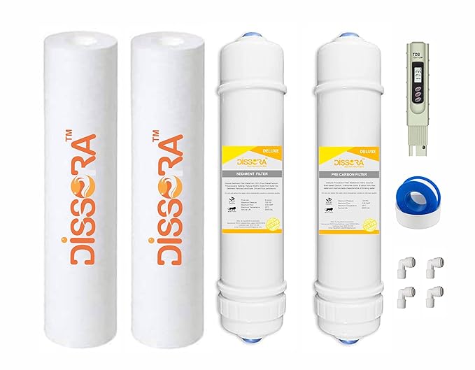Dissora Deluxe 10 Inch Inline Filter Cartridge Set (Pre Activated Carbon, Sediment, PP Spun Candle Filter Cartridge and TDS Meter) Compatible with All Brands RO UV UF Water Purifier, Pack of 6