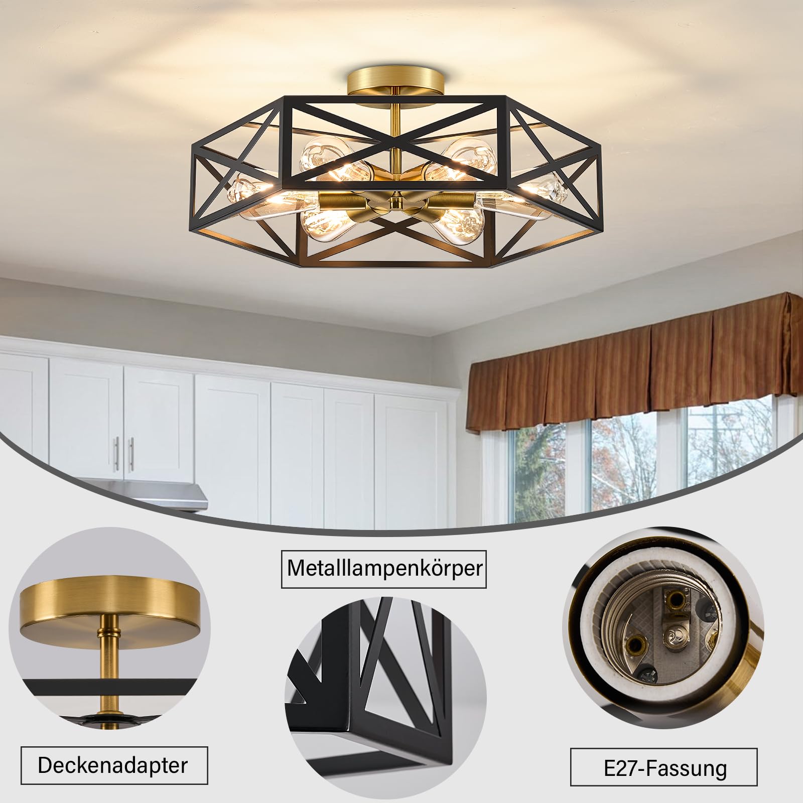 Lampada a Soffitto Vintage Nera e Oro 6 Luci E27, Stile Industriale Semincassata, Struttura in Metallo, Design a Gabbia Moderno per Cucina, Ingresso, Camera da Letto, Soggiorno