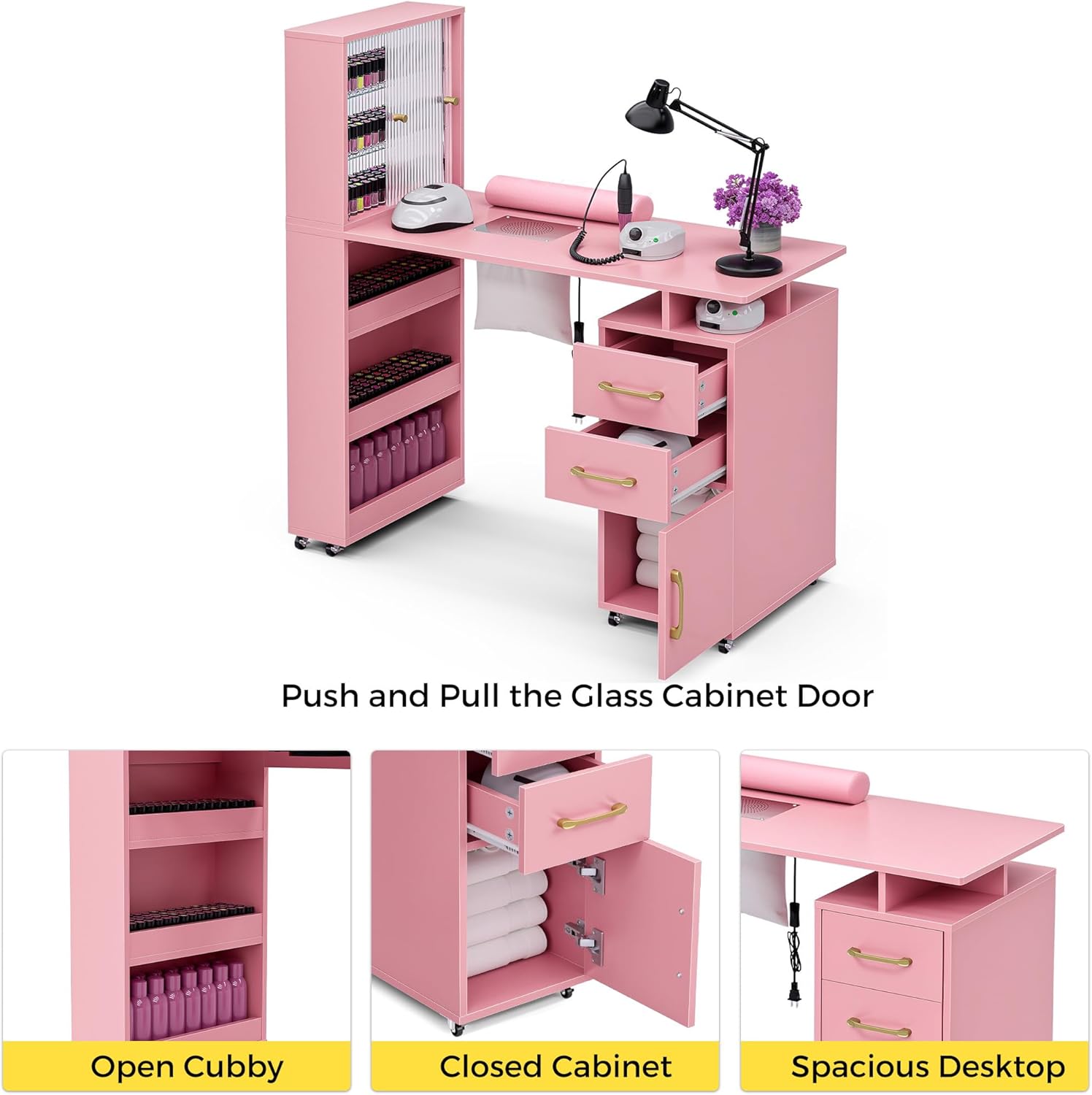 Manicure Table Nail Desk for Nail Tech w/Glass Door Storage Cabinets & Wrist Rest, Beauty Salon Nail Supplies Decor Workstation Acetone Resistant, with Dust Collector (Pink)