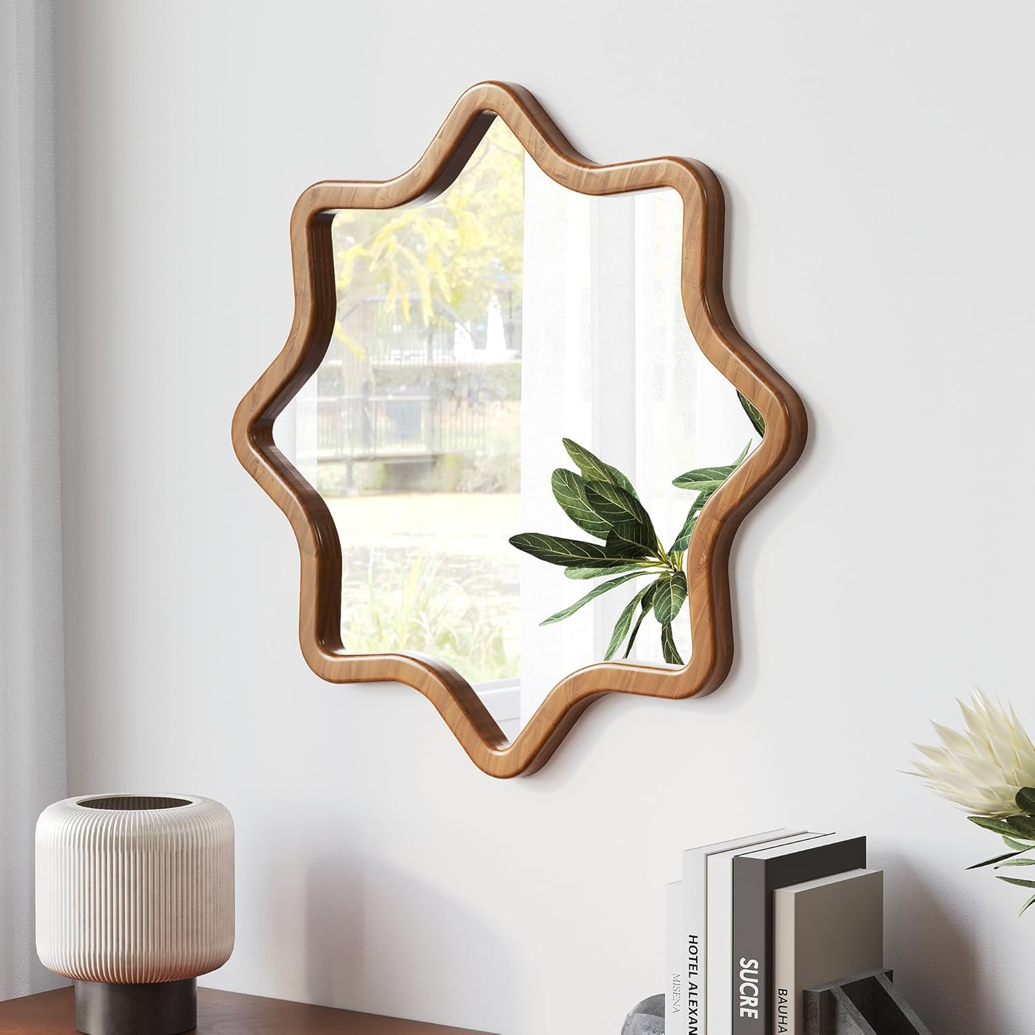 ZIYOO Scalloped Circle Wall Mirror 28", Wavy Edge Wooden Frame, Round Wall Mirror for Bedroom Living Room Bathroom Entryway (Wood,28")