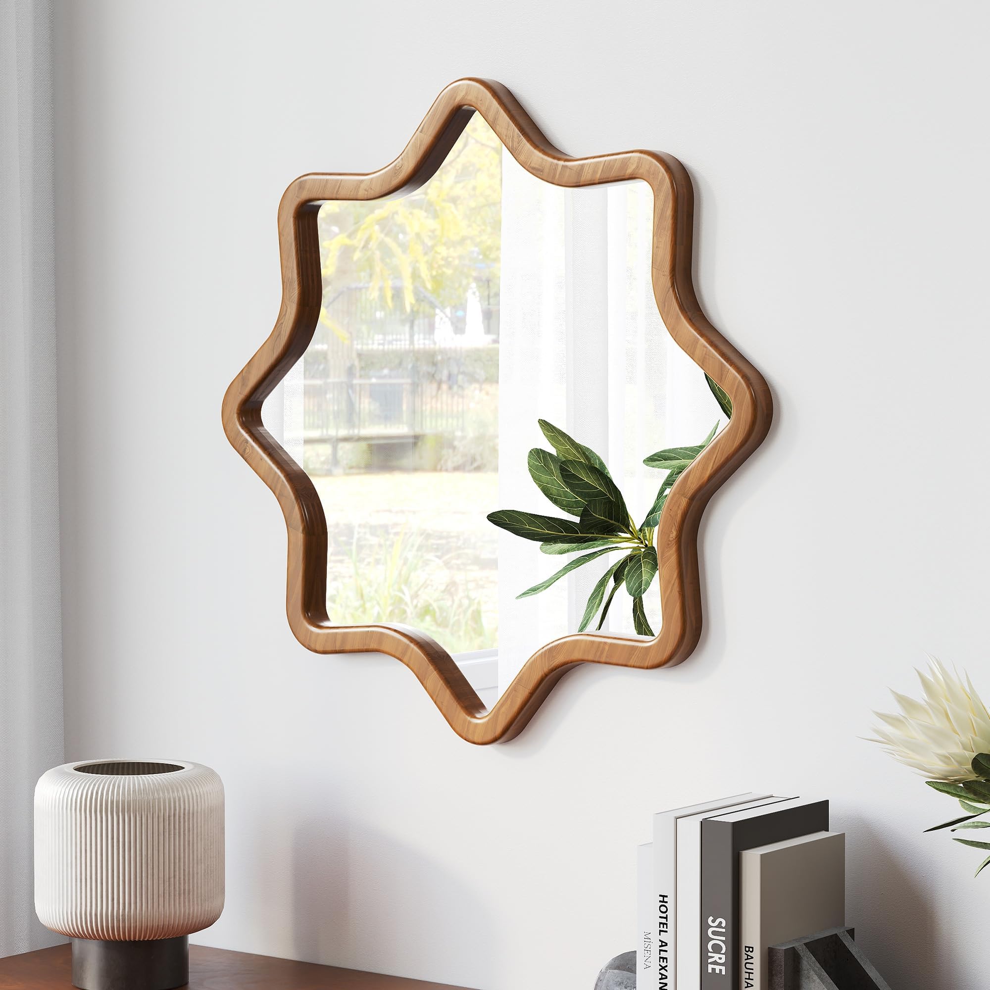 ZIYOO Star Shaped Wall Mirror, Natural Wood Grain Scalloped Edge Decorative Mirror, Boho Accent Mirror for Entryway Bathroom Living Room Bedroom (Wood,28")