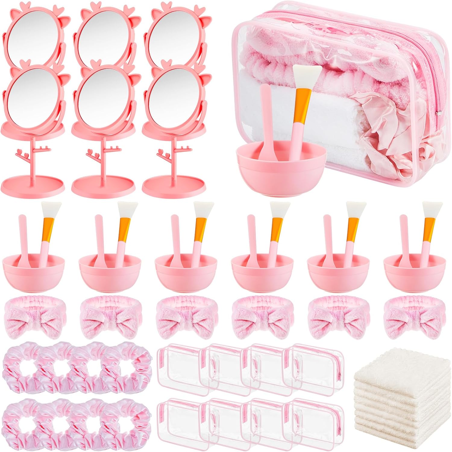 Shinylin 6 Set Spa Sleepover Party Supplies Bulk, Include Face Mask Mixing Bowl Set, Mirror, Headband, Scrunchies, Cosmetic Bags, Face Wash Cloths for Spa Birthday Party (Light Pink)