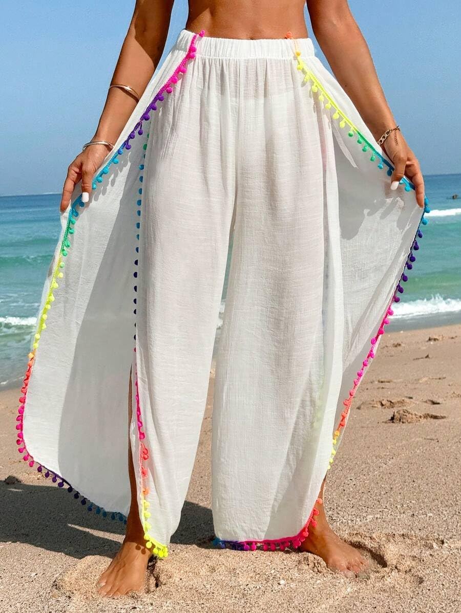 ZAFUL Bathing Suit Cover Up for Women High Waisted Side Slit Beach Pants with Colorful Pom Pom Trim - Image 3