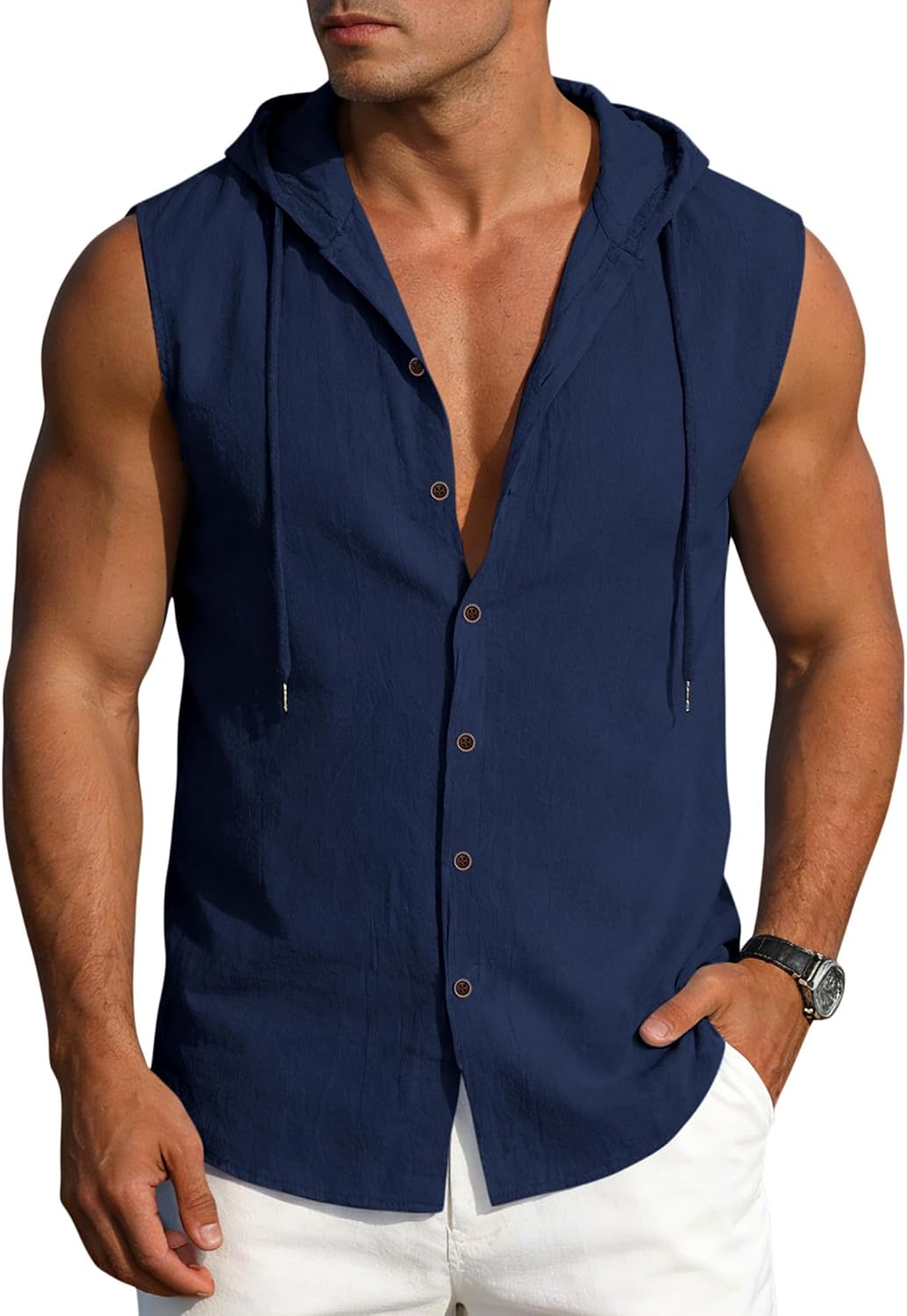 Mens Linen Sleeveless Hoodies Button Down Tank Shirt Summer Casual Beach Lightweight Hawaiian Fashion Tops
