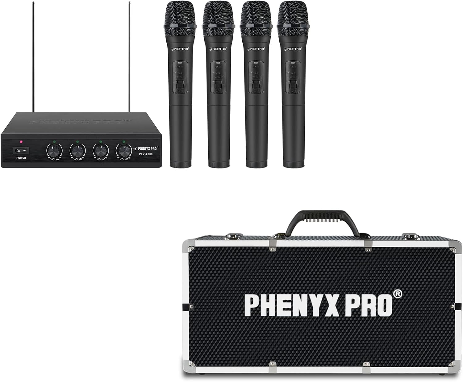 Phenyx Pro 4 Channel VHF Wireless Microphone System PTV-2000A Bundle with The Customizable Large Size Carrying Case