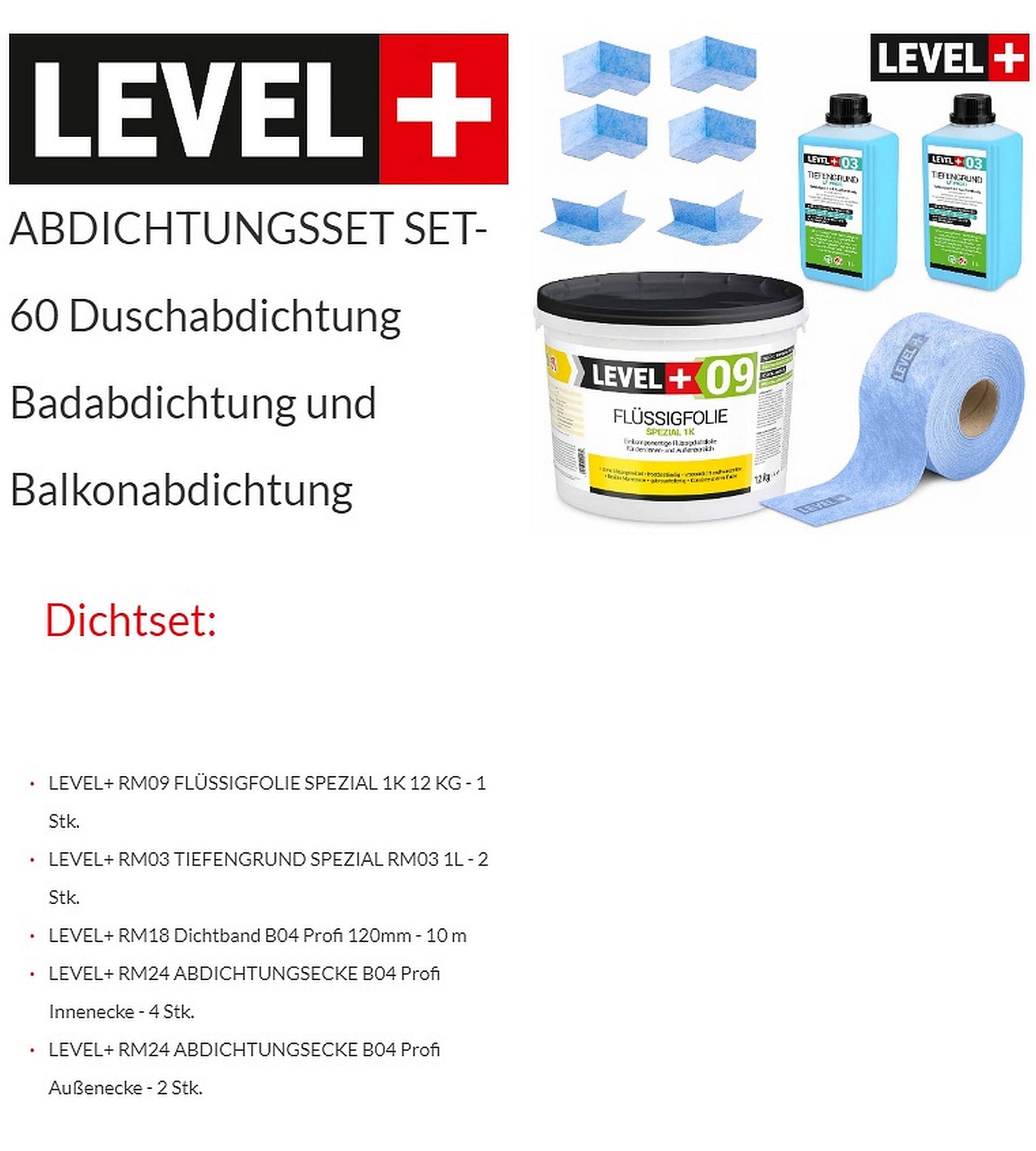 Dicht-Set 12 Kg Flüssigfolie, Tiefengrund 2 L, 15m Dichtband, 4 Innenecken, 2 Außenecke, Balkonabdichtung Terrasse Keller Bad SET60