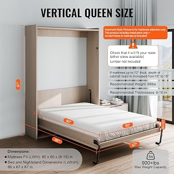 VEVOR Murphy Bed Kit Queen Size Vertical Deluxe DIY Wall Bed Mechanical Hardware Kit Pneumatic Lever Heavy Duty Bed Frame Support Folding Cabinet Wall Bed Space Saving Design for Guest Room