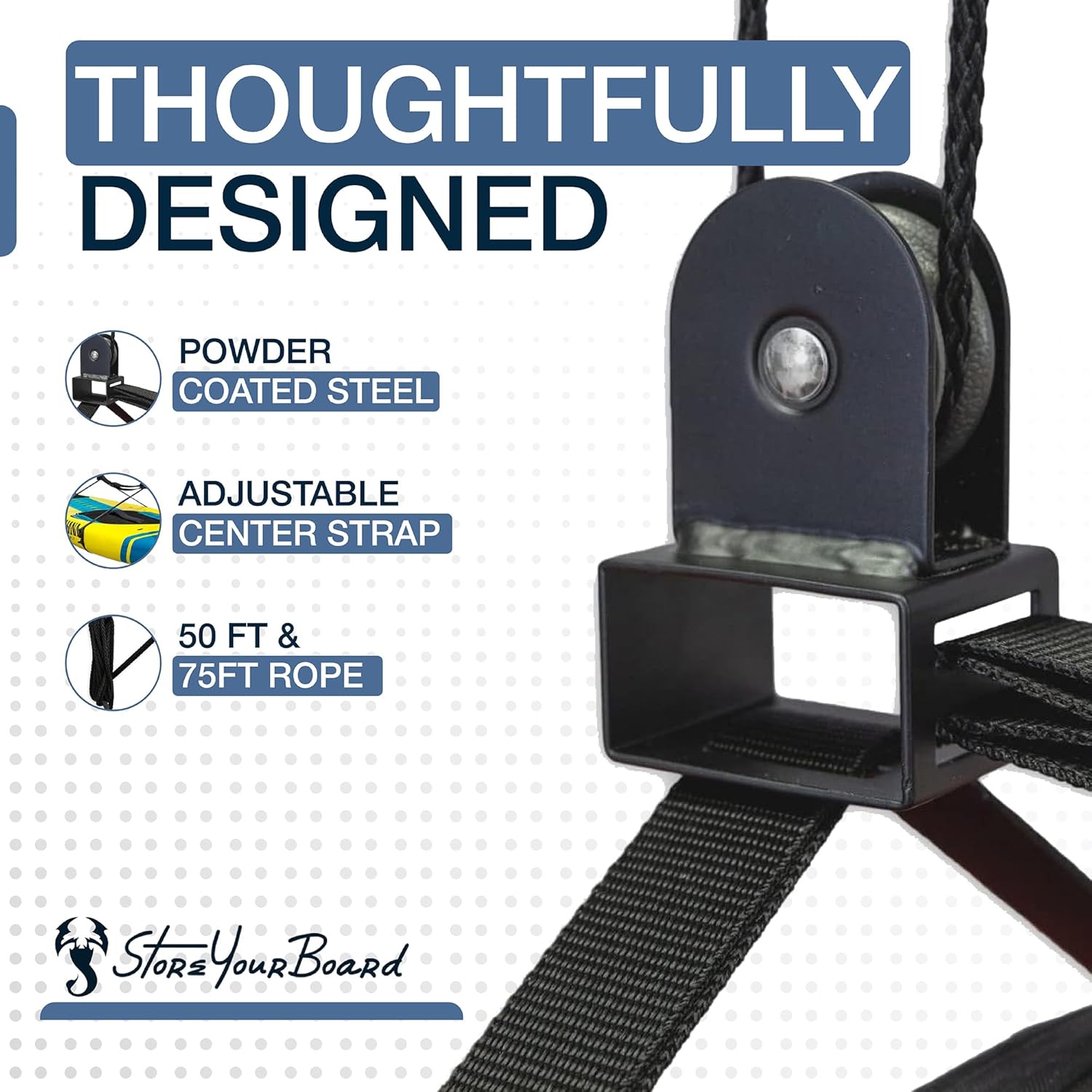 StoreYourBoard Standup Paddleboard and Surfboard Ceiling Storage Pulley System, Garage Mount Hoist, Heavy Duty Holds 150 lbs