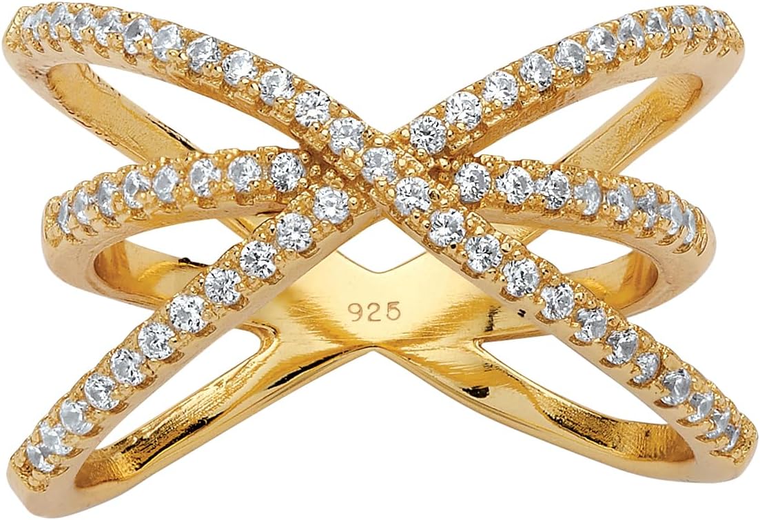 PalmBeach 14k Yellow Gold-plated Sterling Silver Round Cubic Zirconia Micro-Pave Crossover Ring Sizes 6-10