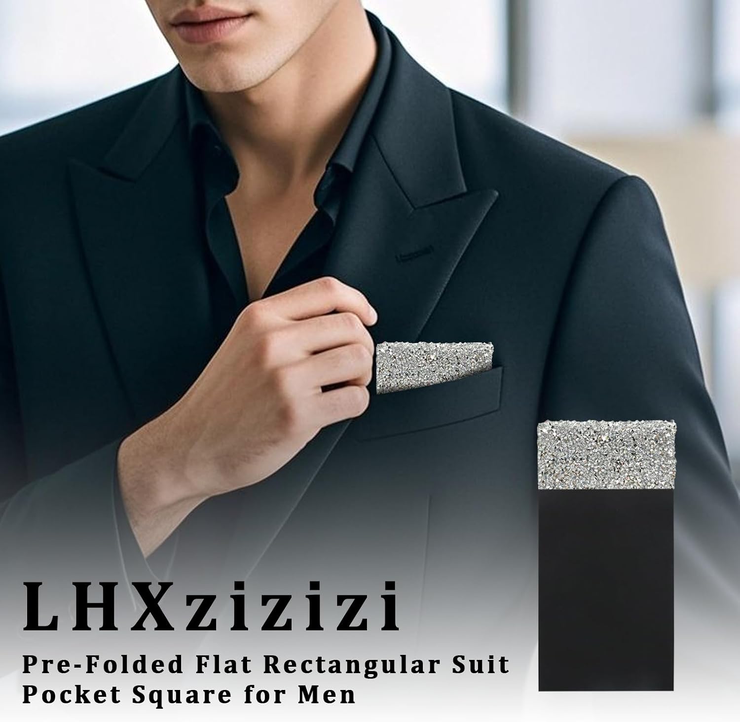 Suit Prefolded Pocket Squares for Men Rhinestone Handkerchiefs for Men on Card Men's Handkerchief for Wedding Party (Silver)