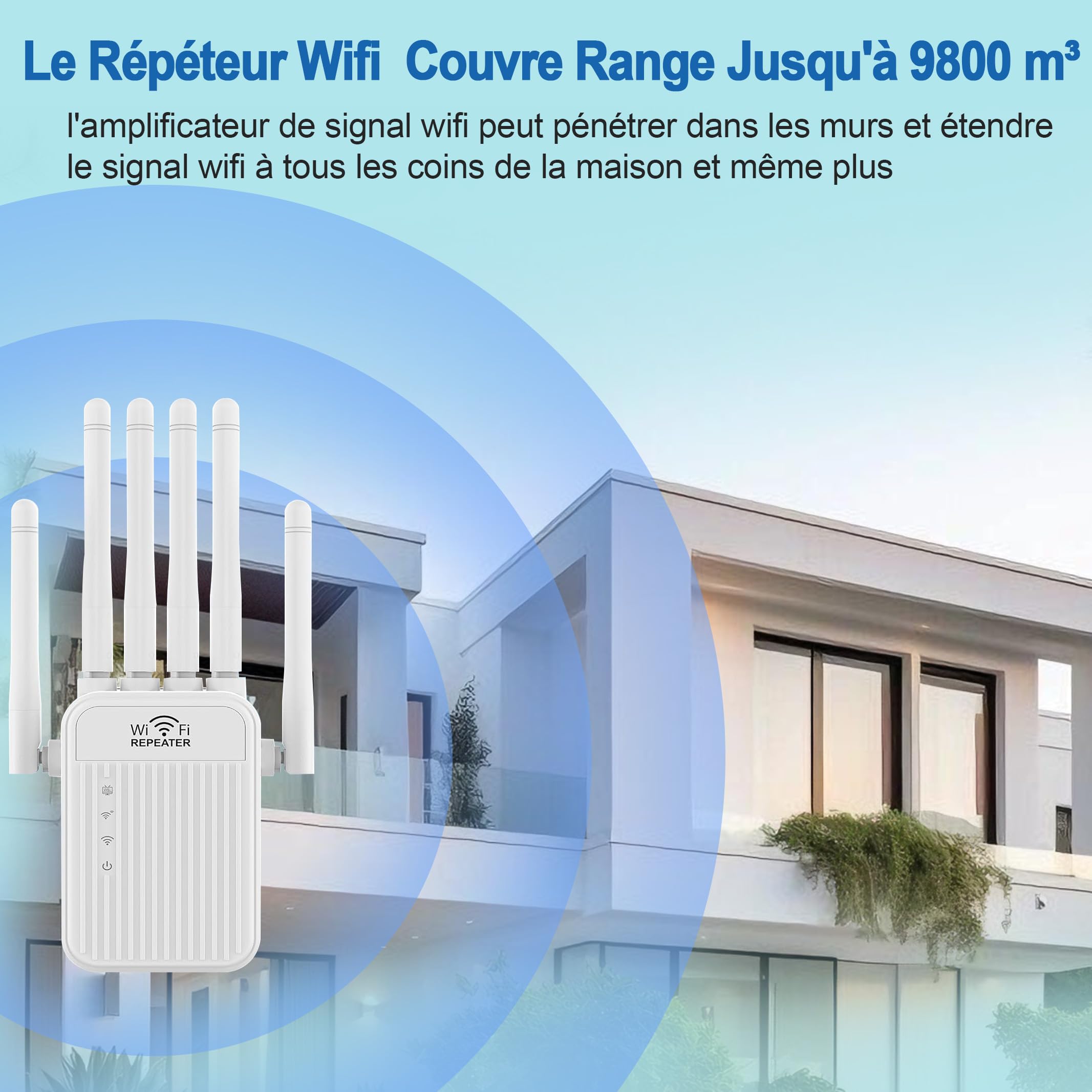 Repeteur WiFi Puissant sans Fil 5G /2.4G, Amplificateur de Signal WiFi Bi-Bande,2 Ports LAN,6 Antennes,Répéteur à Distance Puissant pour la Maison et Le Bureau Couverture jusqu'à 9800m³