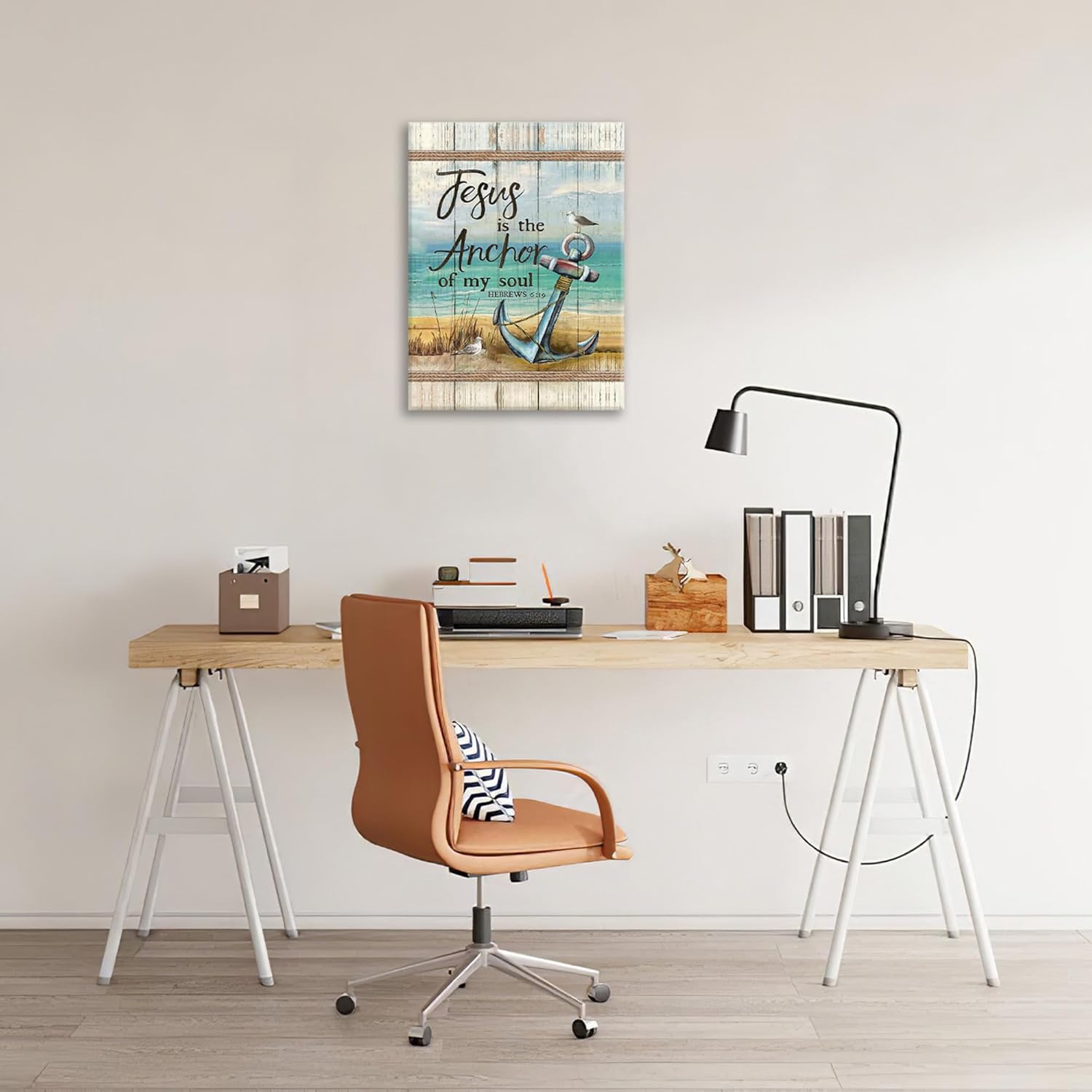 Christian Beach Anchor Wall Art Scripture Coastal Nautical Canvas Print Painting Bible Verses Pictures Framed Christian Gifts Artwork Dining Living Bathroom Bedroom Decor for Home Office 16"x20"