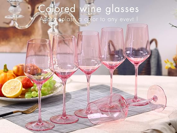 Pink Wine Glasses Set of 6- Modern Crystal Hand Blown Wine Glass-15 oz,Thin Rim,Long Stem,Perfect for Red or White,Daily Use,Unique Wedding,Birthday gift