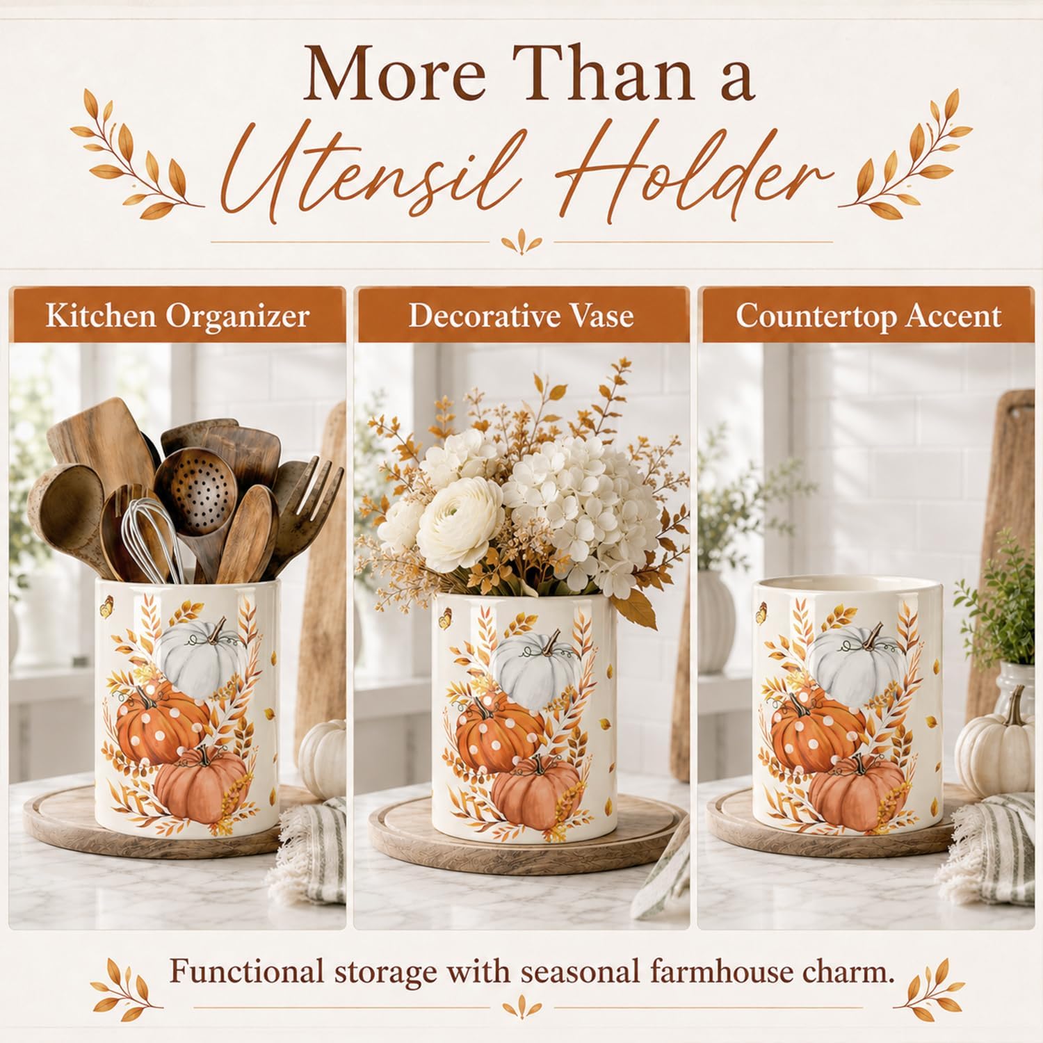 Fall Pumpkin Utensil Holder, Orange Autumn Decor Large Ceramic Utensil Holder For Kitchen Organizer, Farm 6.3'' Cooking Utensil Crocks Rustic Decor Utensil Storage Cup for Countertop