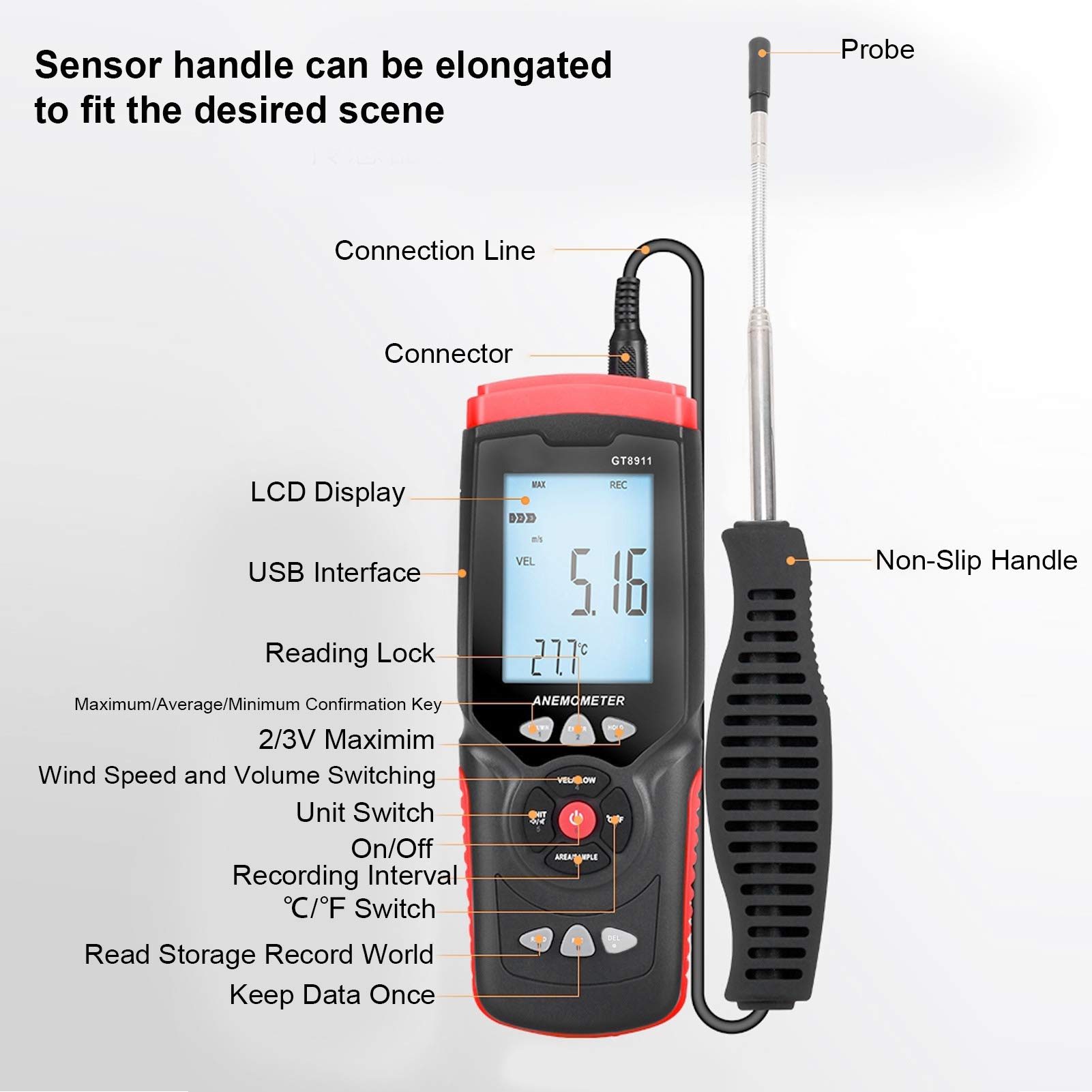 Anemómetro LCD Digital GT8911, medidor de volumen de velocidad del viento de mano térmico para oficina de fábrica