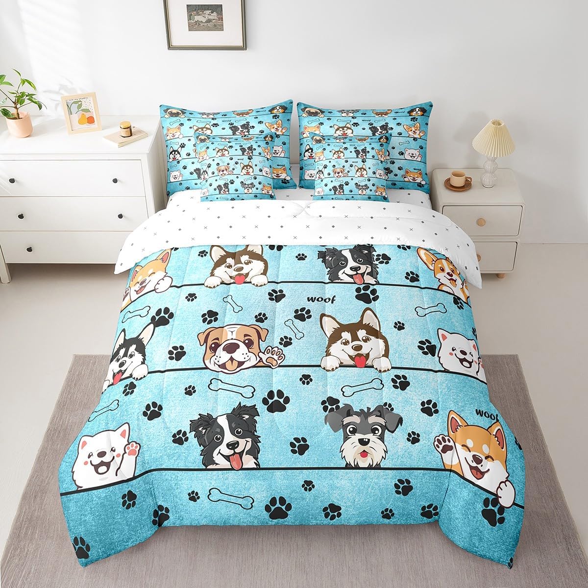 Manfei Cute Dog 7 Pieces Queen Size Comforter Set,Cartoon Puppy Pet Animals Bedding Set for Kids Teens Adults,Black Paw Print Blue(Comforter+Fitted+Flat Sheet+2 Pillowcases+2 Throw Pillow Covers)