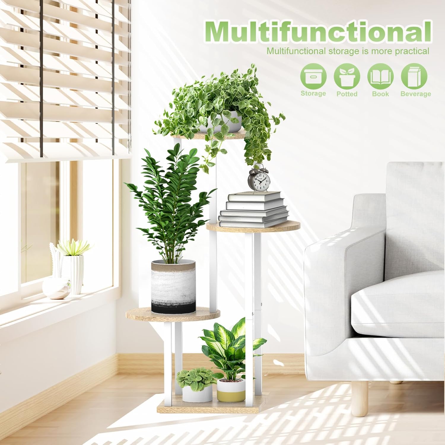 4 Tier Wood Tall Plant Stand Metal Rack Indoor, Multiple Flower Pot Holder Shelves Corner Rack, Round Planter Shelf Display Rack Storage Organizer for Patio Living Room Balcony(White+Oak)