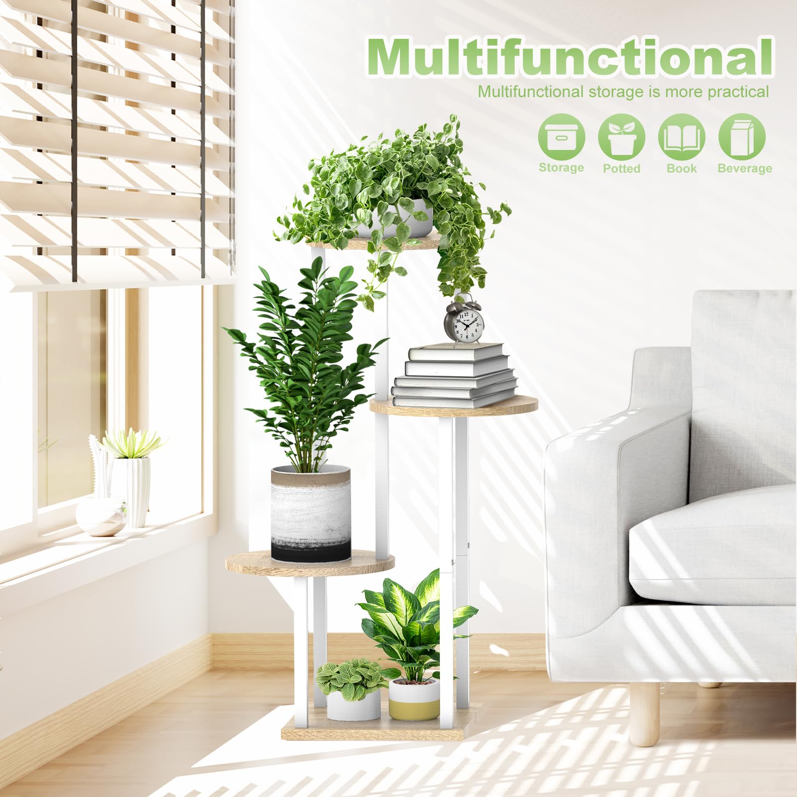 4 Tier Hölzern Blumenregal Metall Pflanzenregal, Mehrstöckig Blumenständer Pflanzenständer Blumenbank Blumentreppe Pflanzentreppe Standregal für Innen Außen Balkon Deko (Rund Weiß Eiche)
