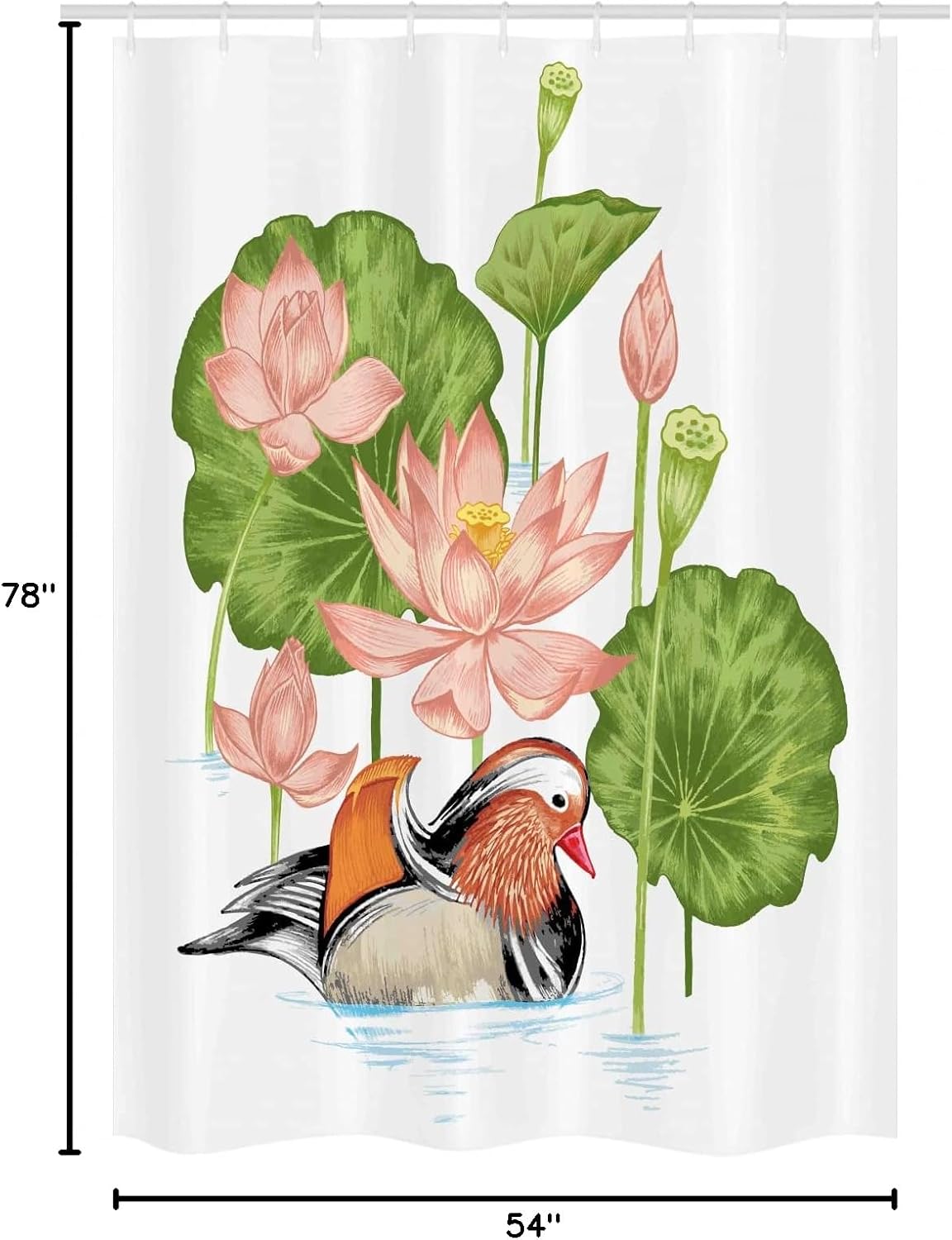Ambesonne Rubber Duck Stall Shower Curtain, Mandarin Duckling in Pond with Lotus Lily Flowers Water Painting, Fabric Bathroom Decor Set with Hooks, 54" W x 78" L, White Green Pink